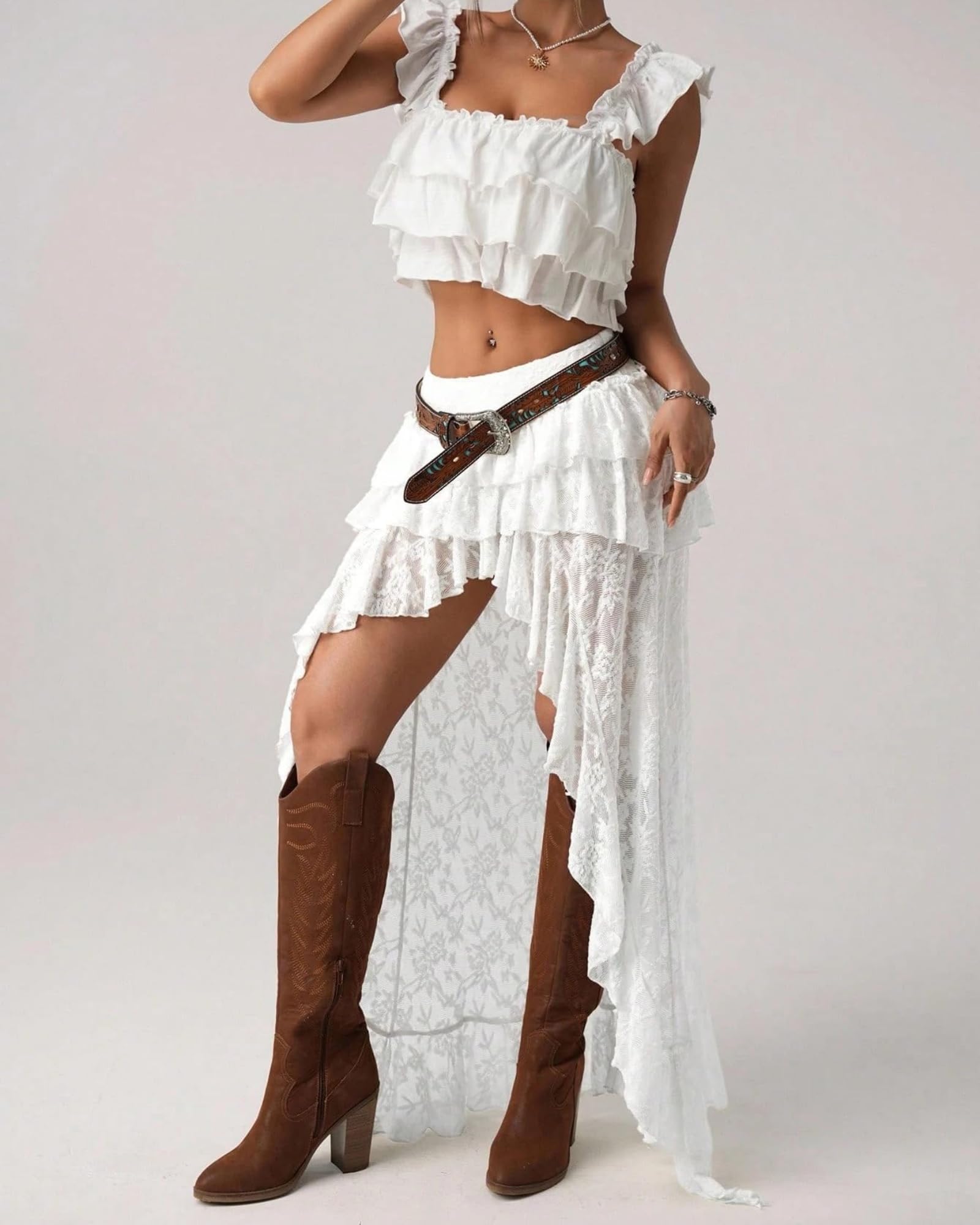 Generico Gonna Lunga Donna Y2K a Strati in Pizzo, Maxi Gonna Boho Floreale Asimmetrica con Volant, in Rete Trasparente – Stile Western Cowgirl per Vacanze