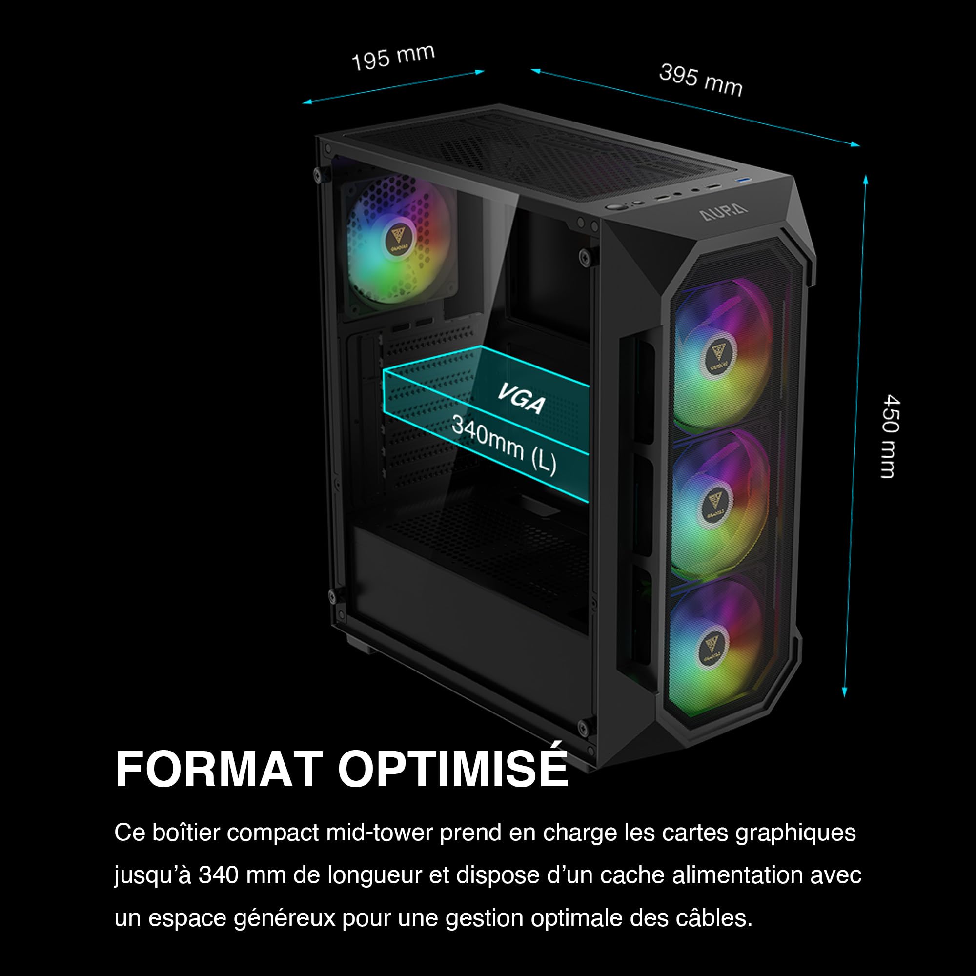 GAMDIAS Aura GC1 Elite ARGB ATX Boîtier PC Mid Tower Ventilateur 4 x 120 ARGB Panneau Avant en Maille Haute Circulation d'air Panneau latéral en Verre trempé Installation sans Outils Noir