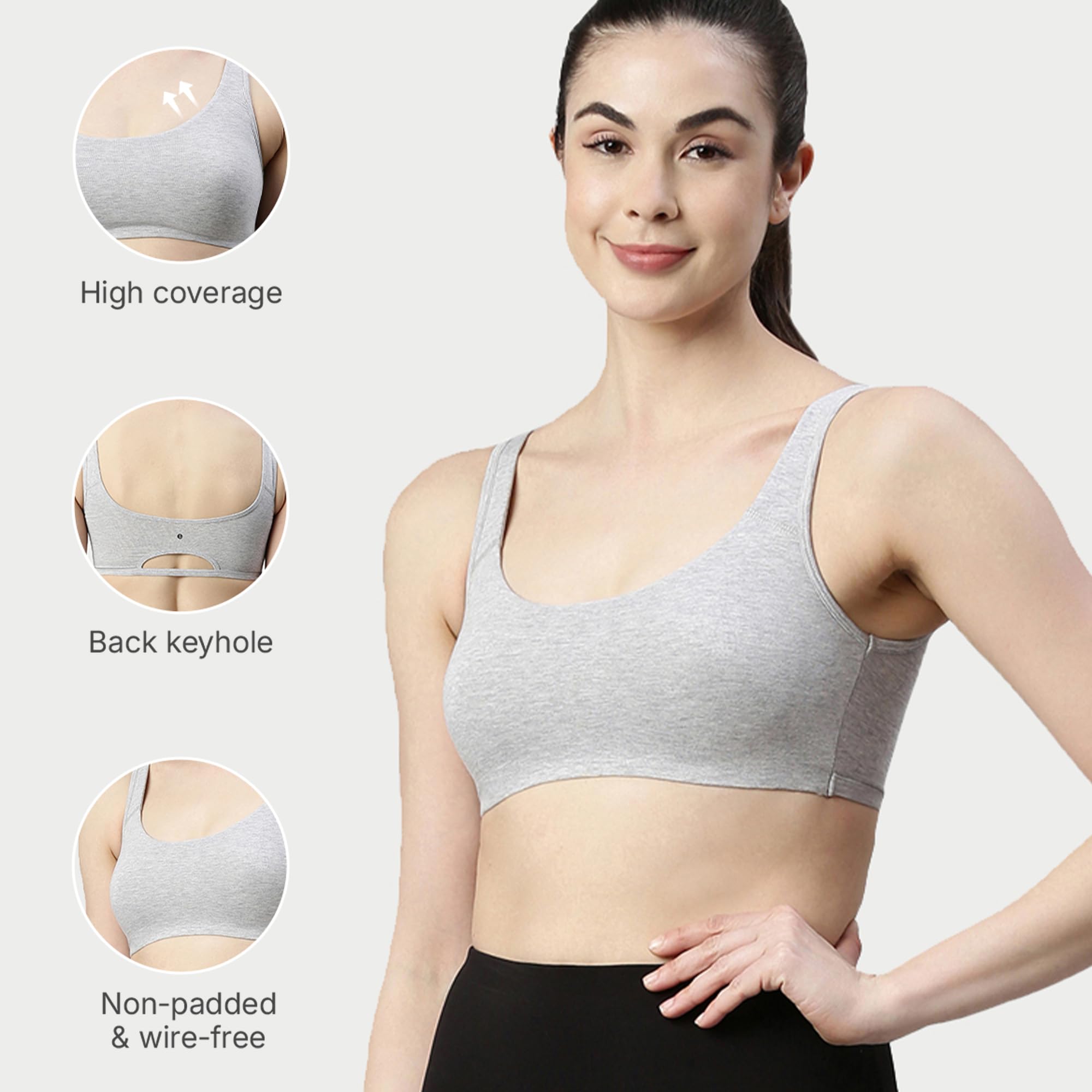 Enamor SB06 Low Impact Bra - Non-Padded, Wirefree & High Coverage, GREY MELANGE, XL 2