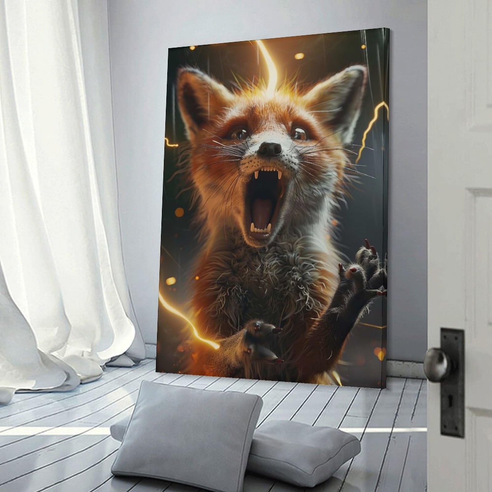Junmoney Fox Lightning Canvas Wall Picture, 24x36inch(60x90cm), for Front Hall, Corridor Or Welcome Spaces, Wall Decor to Refresh Empty Corners