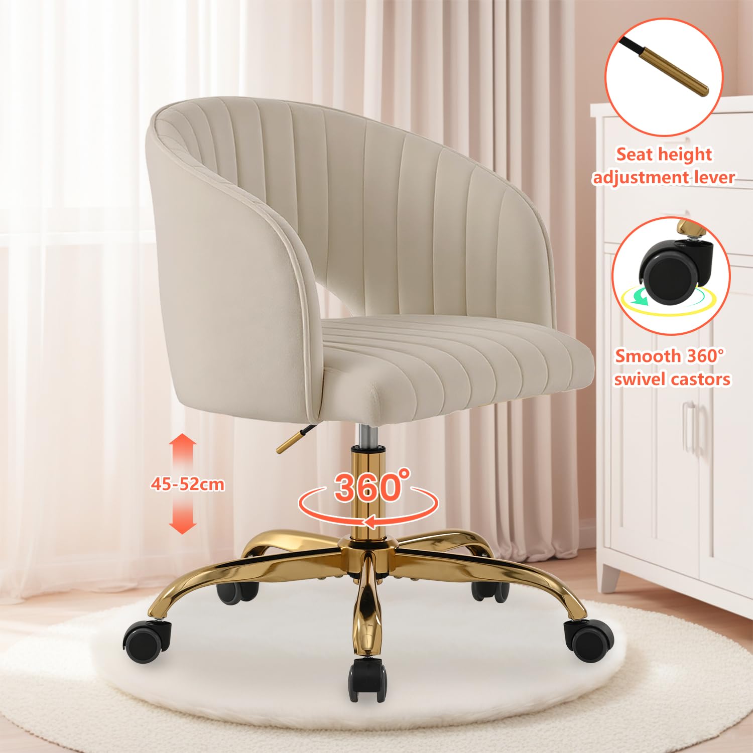Homeoffice Stuhl, Drehbar Bürostuhl Ergonomisch, Schreibtischstuhl Höhenverstellbar, Schminktisch Stuhl, Samt Drehstuhl Hochlehner, für Arbeitszimmer, Schlafzimmer(Cremefarben-Samt)