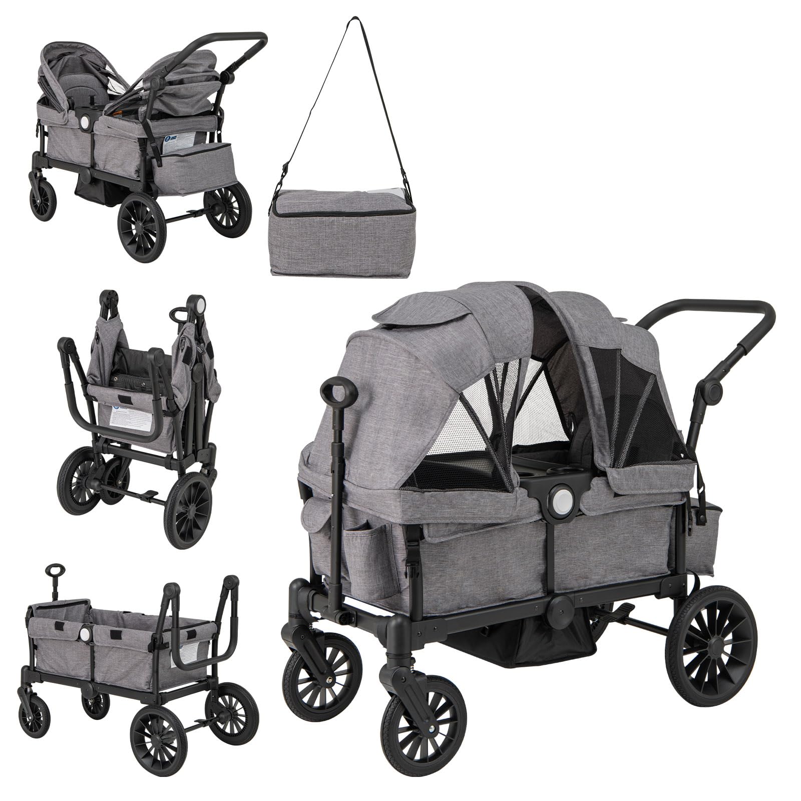 LIFEZEAL Chariot porte-2 enfants 6 + mois, chariot poussé, poussé, poussette, poussette de voyage, pliable, réglable, portable, avec toit, roues, sac à couches, max 50 kg (Gris)