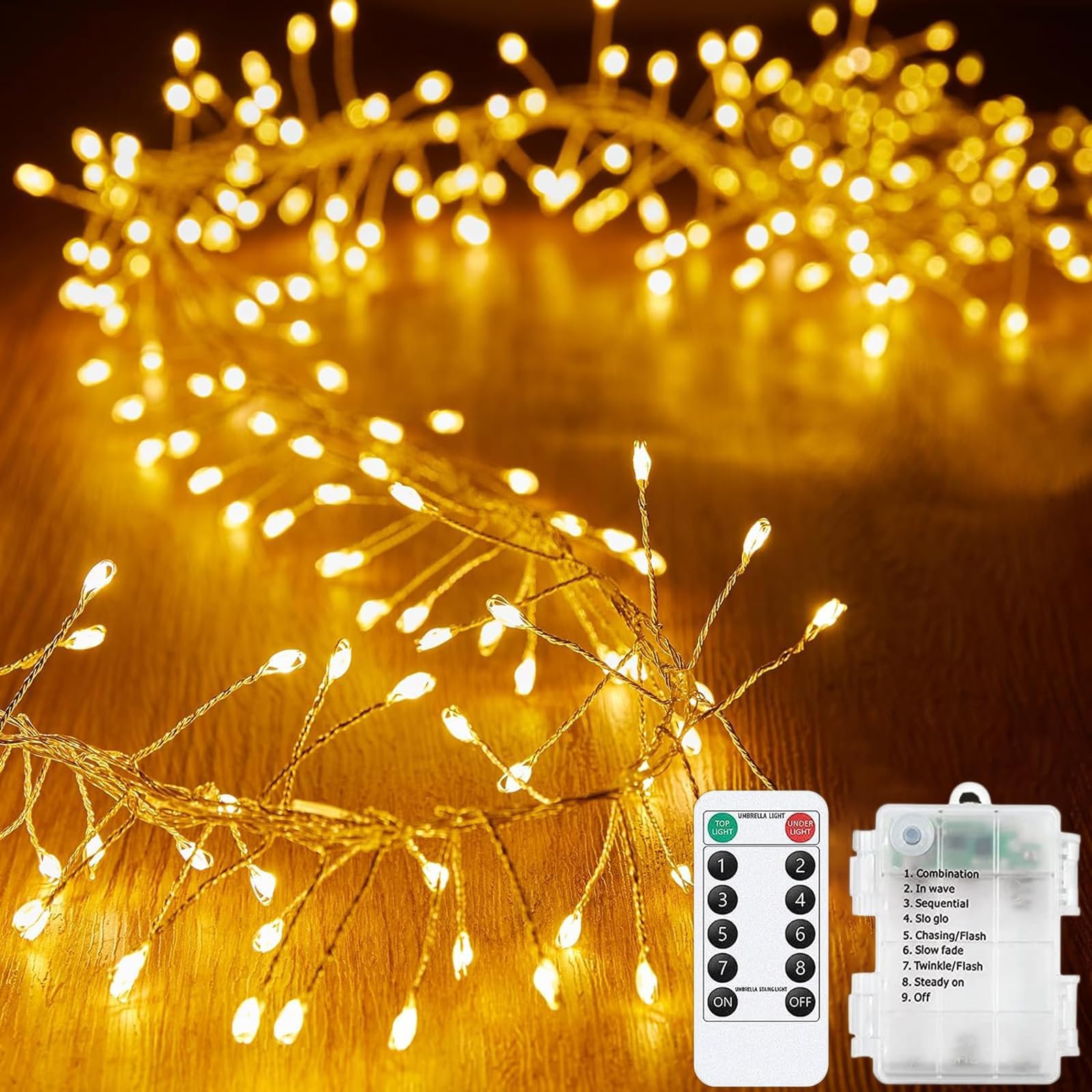 KINGCOO Firecracker String Fairy Lights with Remote, 29.5FT 300LED Silver Wire Cluster Lights Battery Operated with Timer for Outdoor Indoor Bedroom Wedding Christmas Party Decoration (Warm White)