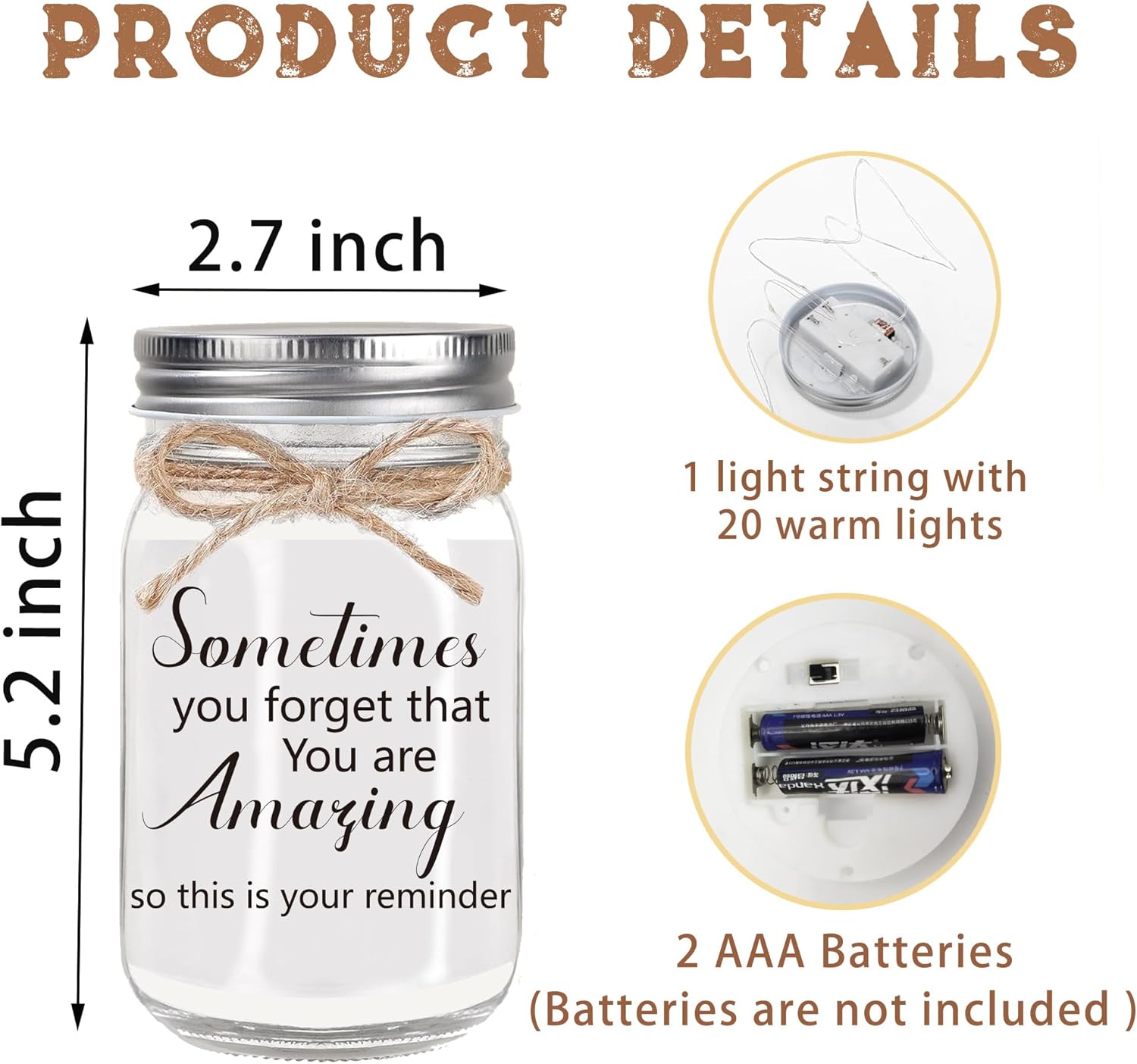 Inspirational Gift Ideas - Mason Jar Night Lights, Thank You Gifts for Women Men Friends, Thank You Christmas Gift for Women Friendship Graduation Employee Coworkers - Image 2