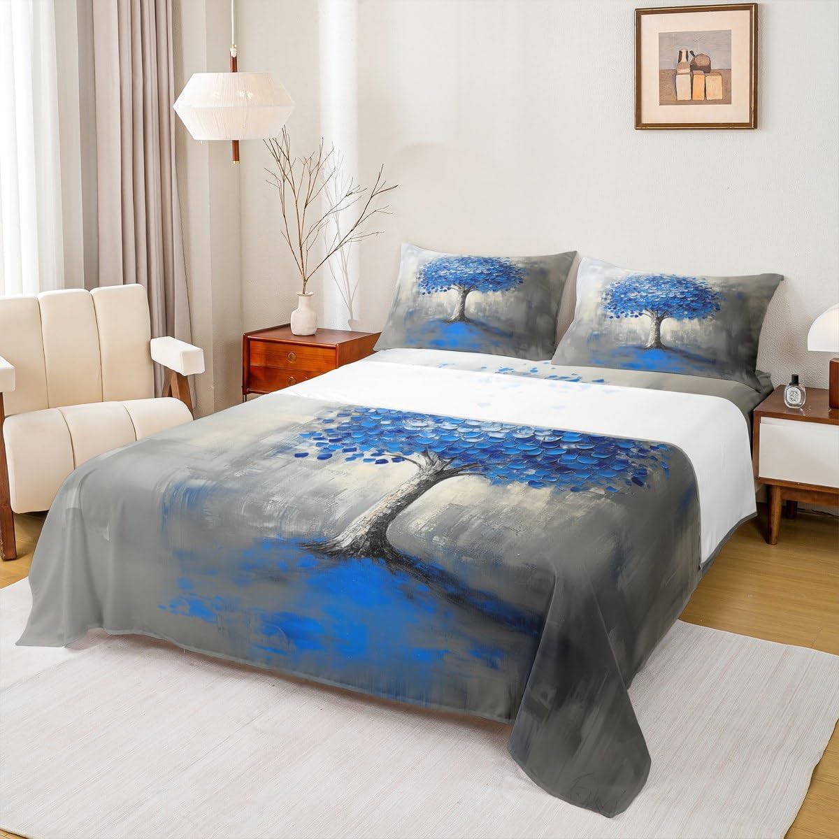 Blue Tree Branches Pattern Sheet Set Twin Size Kids Leaf Branches Sheets with Deep Pocket Fitted Teens Fallen Leaves Bed Set Breathable Soft Lightweight Microfiber Botanical Room Decor Mattress Cover