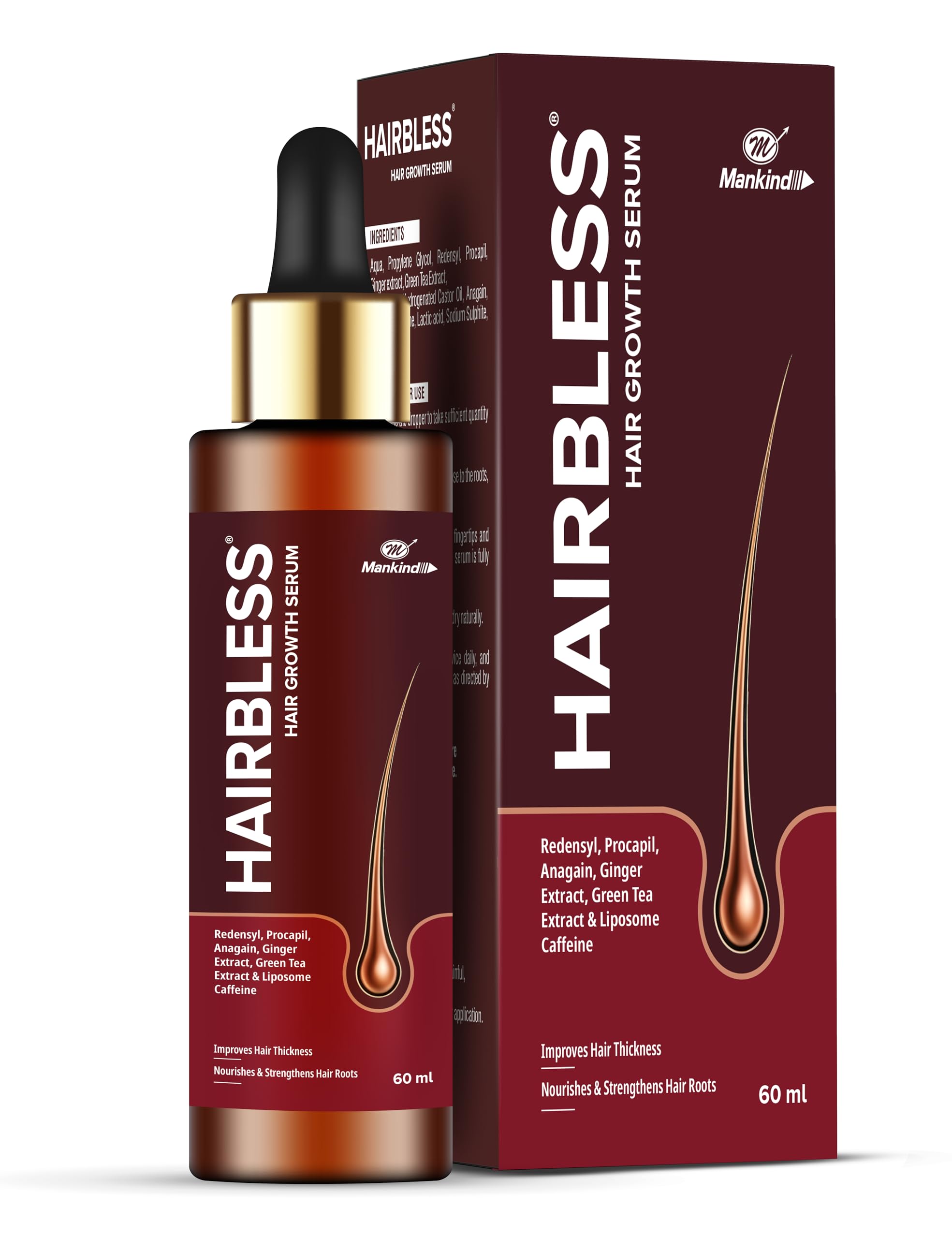 Mankind's Hairbless Hair Growth Serum for Men & Women | Enriched with Redensyl, Procapil, Anagain, Green Tea Extract & Liposome Caffeine | Improves Hair Thickness & Strengthens Roots | 60ml