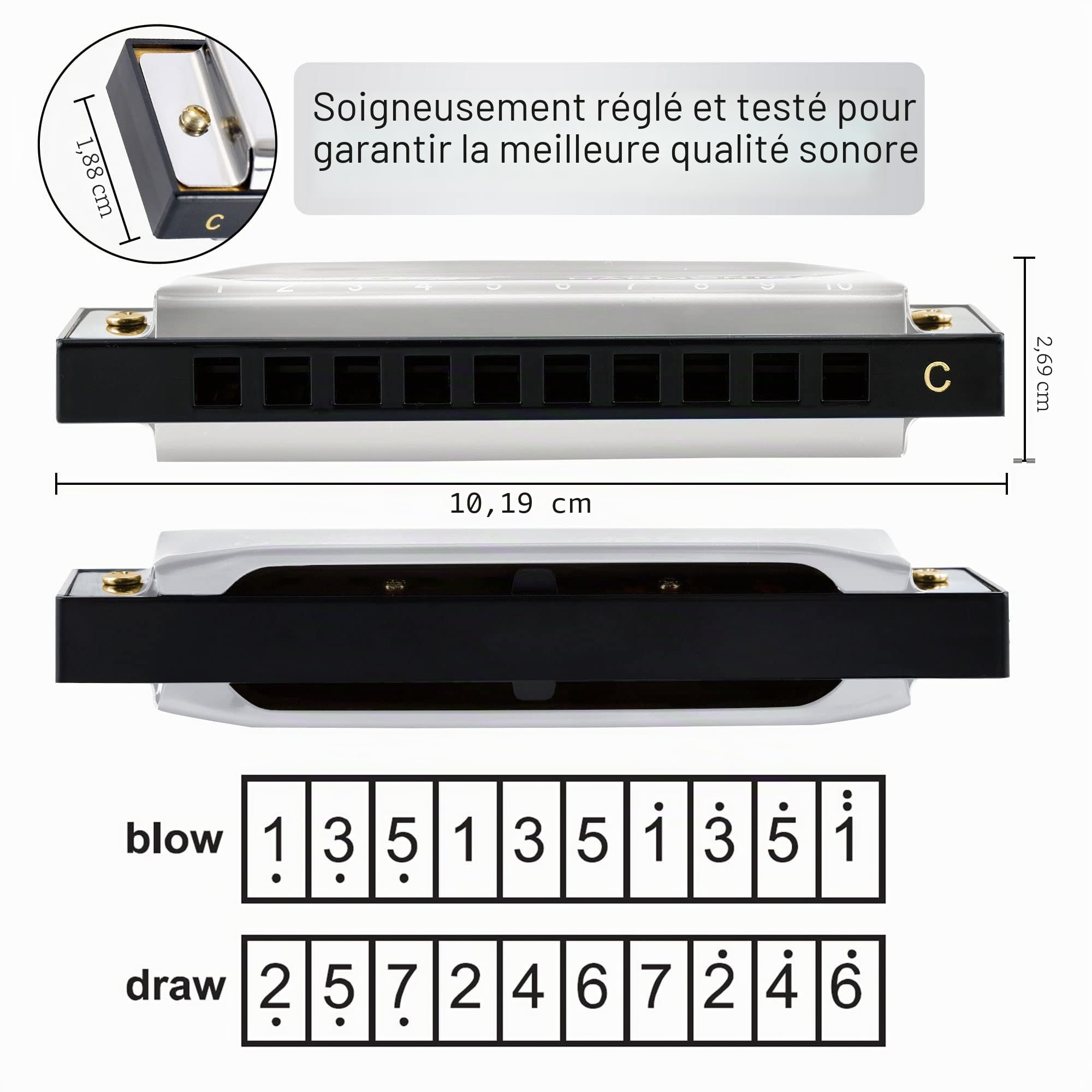 East Top - Harmonica diatonique de blues en clé de do à 10 trous pour adultes, enfants, débutants, professionnels et étudiants - 20 tons