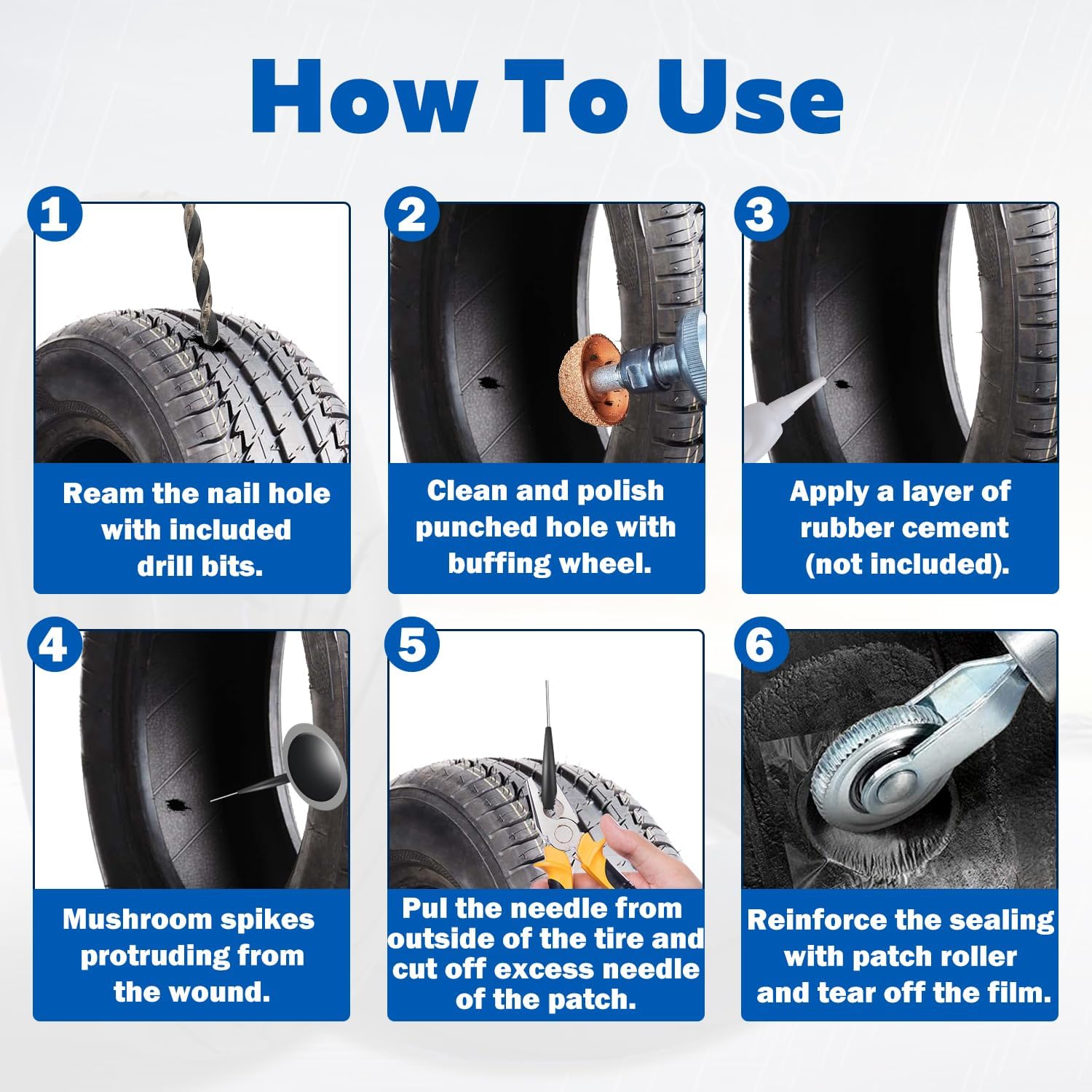 Tire Patch Kit Tire Repair Kit Including Tire Patch Plugs in 3 Size, Tungsten Steel Buffing Wheel, Tire Patch Roller with 4mm Twist Drill Bit for Vehicle