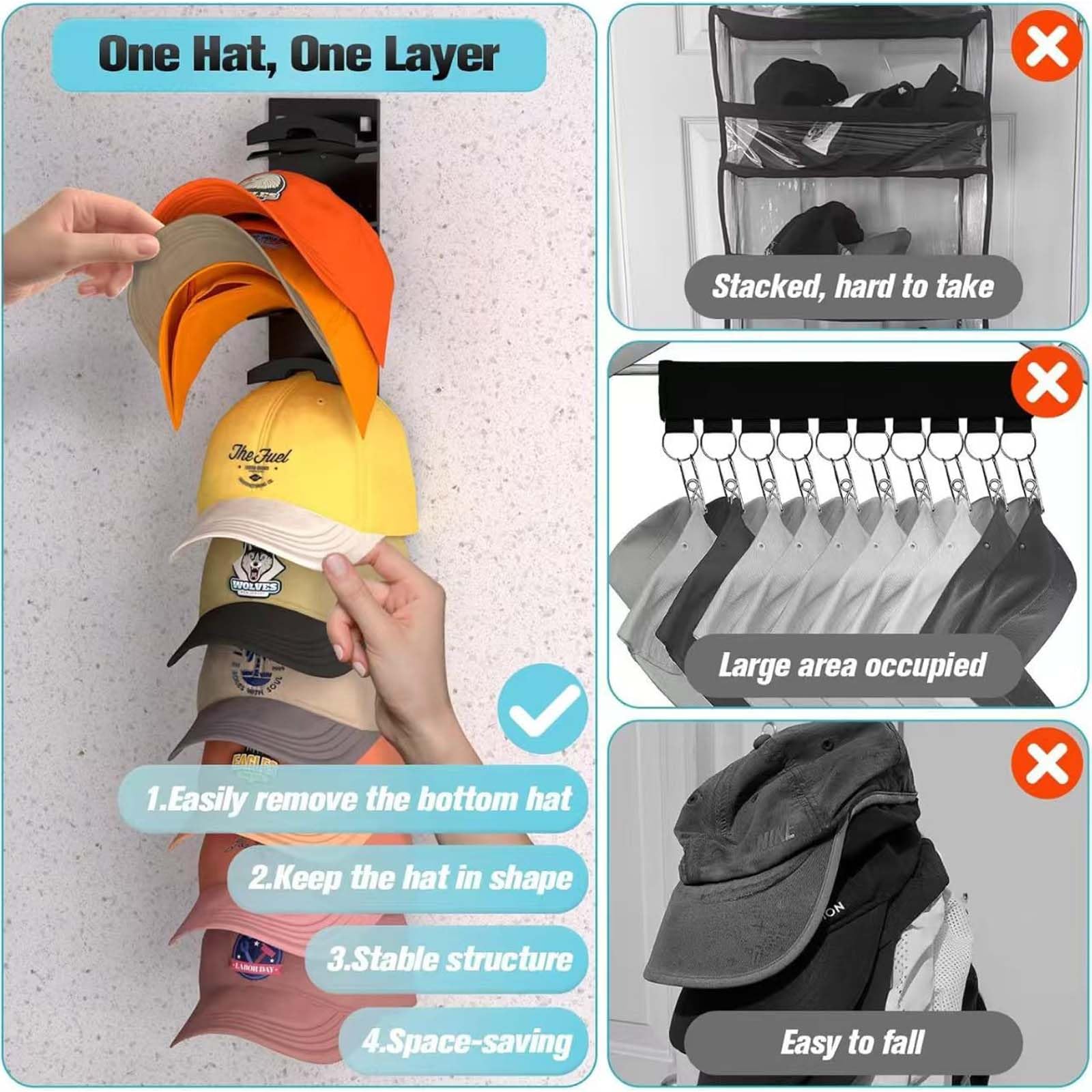 Organizador de sombreros para gorras de béisbol, estante para sombreros para pared, gancho adhesivo para gorras, ganchos perforados, soporte para colgar sombreros con capacidad para hasta 10 sombreros