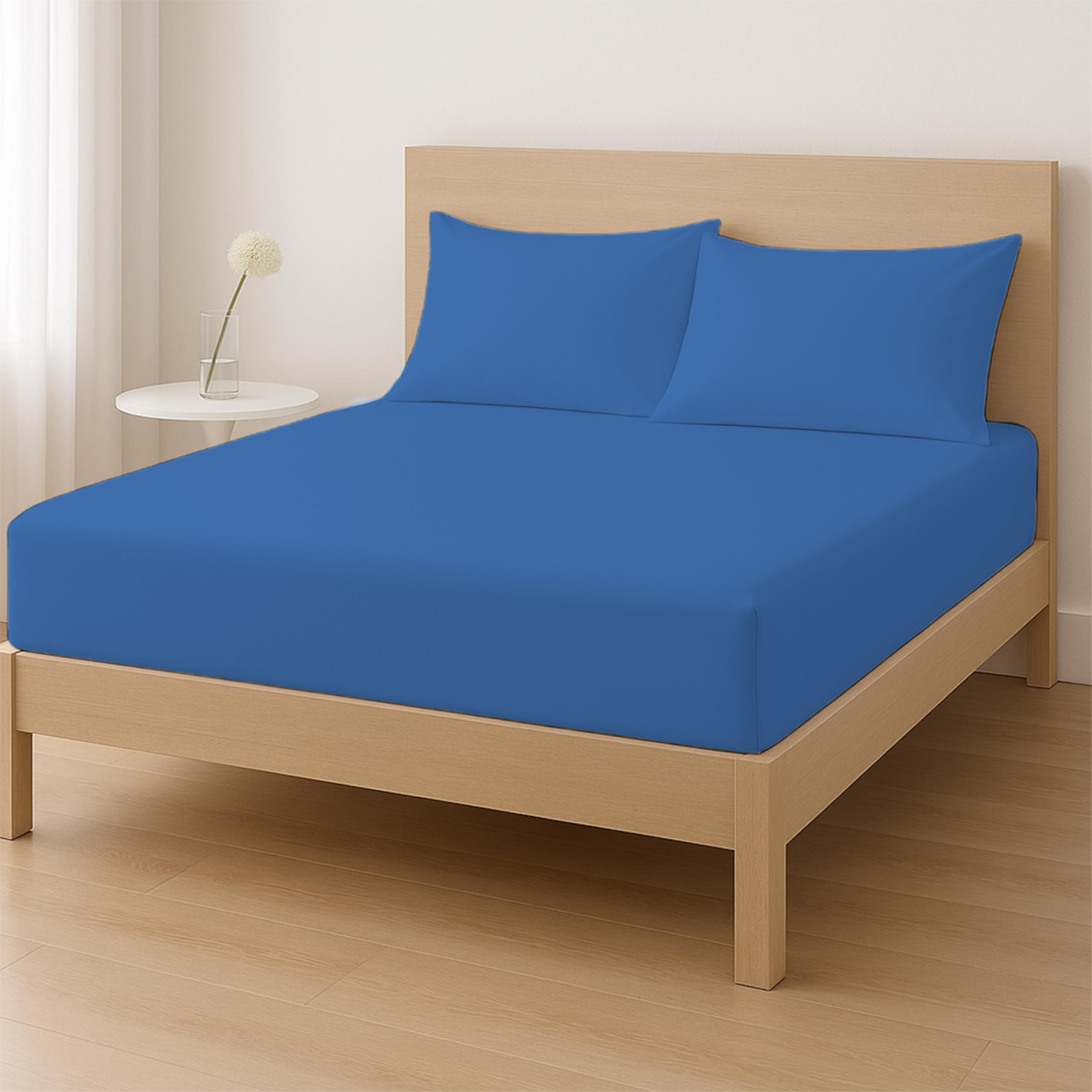 Rohi Super King Fitted Sheet Set – 25cm Deep with Elasticated Corners – Soft & Breathable Cotton Blend Fitted Sheet with Pillowcases – Shrink & Fade Resistant – Bed Sheet Set (Blue, Super King)