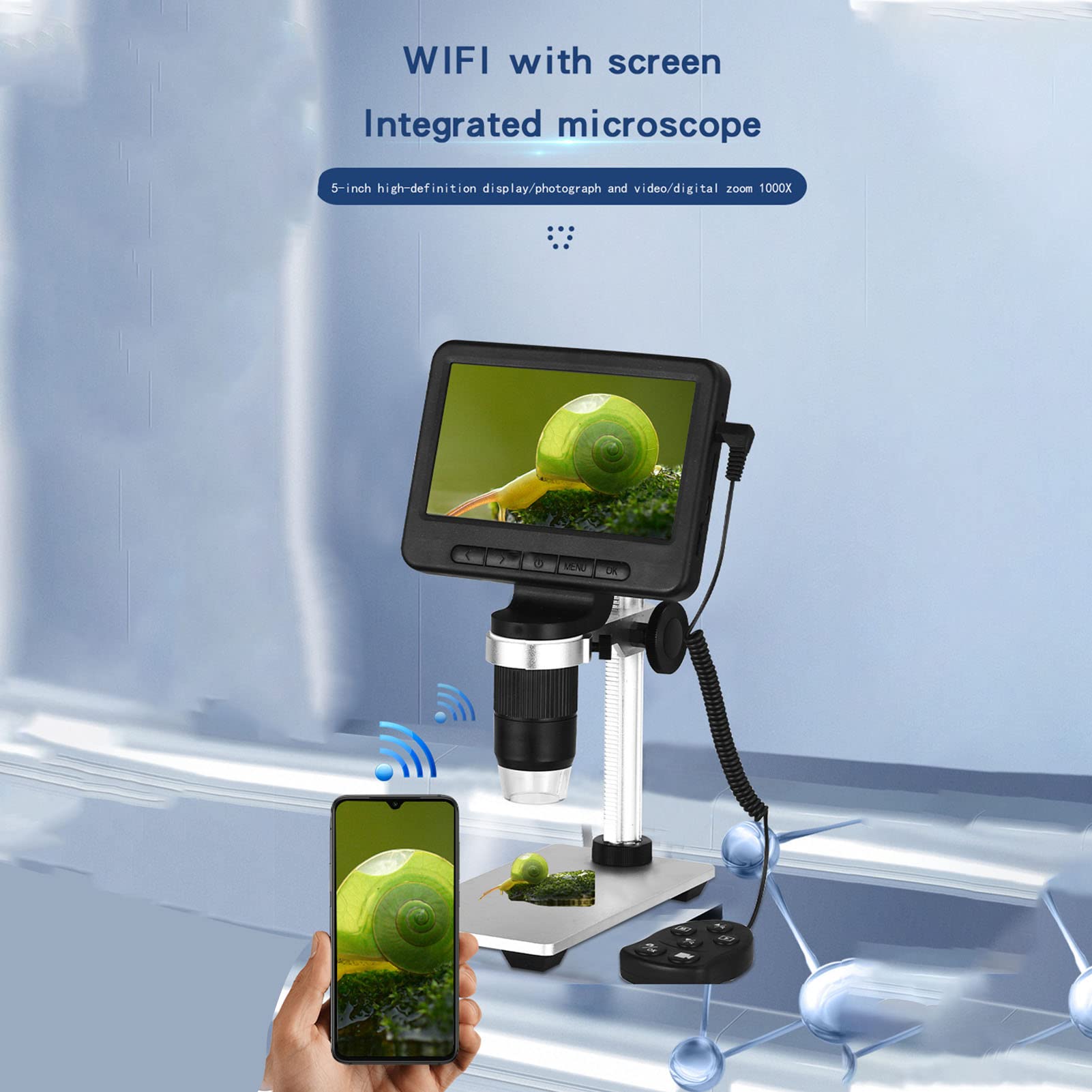 Cocoarm Microscope Numérique WiFi 1000X, Écran de 5 Pouces