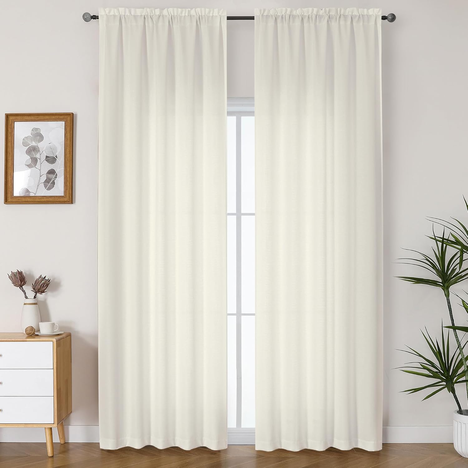 Lecloud Bessie Ivory Curtains 96 Inches Long 2 Panels, Rustic Light Filtering Faux Linen Curtains, Breathable Dual Rod Pocket Drapes for Bedroom Living Room Window Treatments, Each 50" W x 96" L