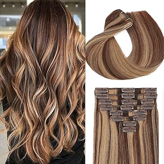 Clip in Hair Extensions Real Human Hair for Women Invisible Natural Straight Seamless Clip on Hair Extensions 8pcs Double Weft 90g (#4P/27 Medium Brown/Dark Blonde, 24 Inch)