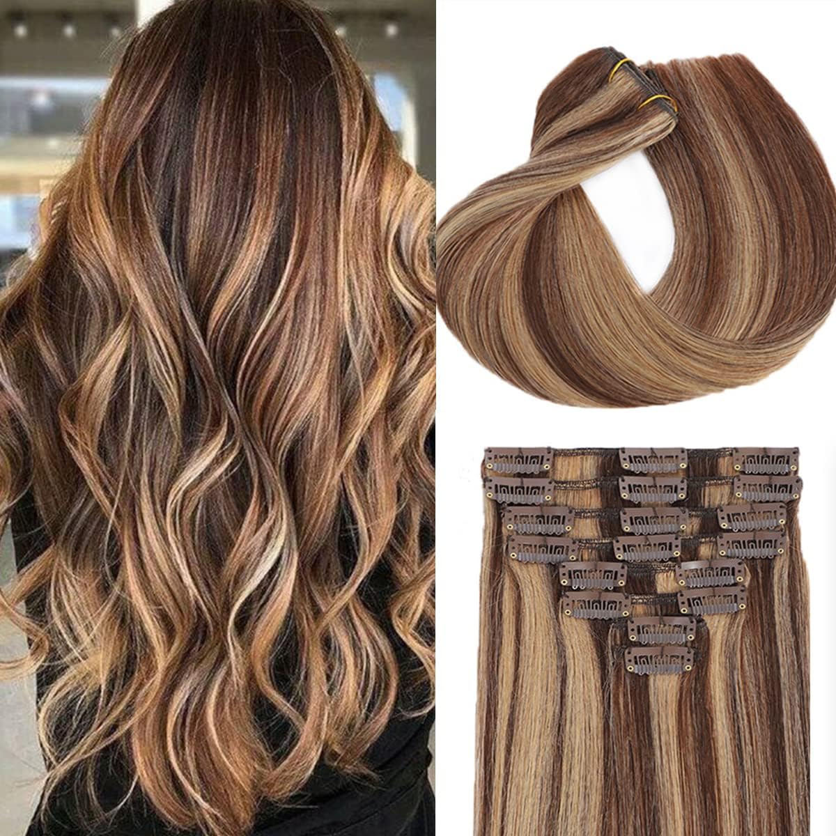 Clip in Hair Extensions Real Human Hair for Women Invisible Natural Straight Seamless Clip on Hair Extensions 8pcs Double Weft 75g (#4P/27 Medium Brown/Dark Blonde, 22 Inch)