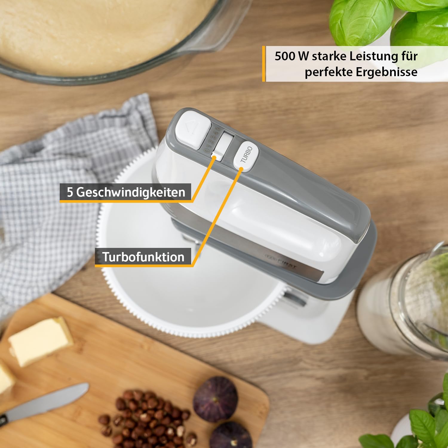 TZS First Austria 2 in 1 Handmixer und Standmixer | 3,4L | Automatikantrieb | 500W | 5 Geschwindigkeiten | Turbofunktion | mit Knethaken + Rührbesen