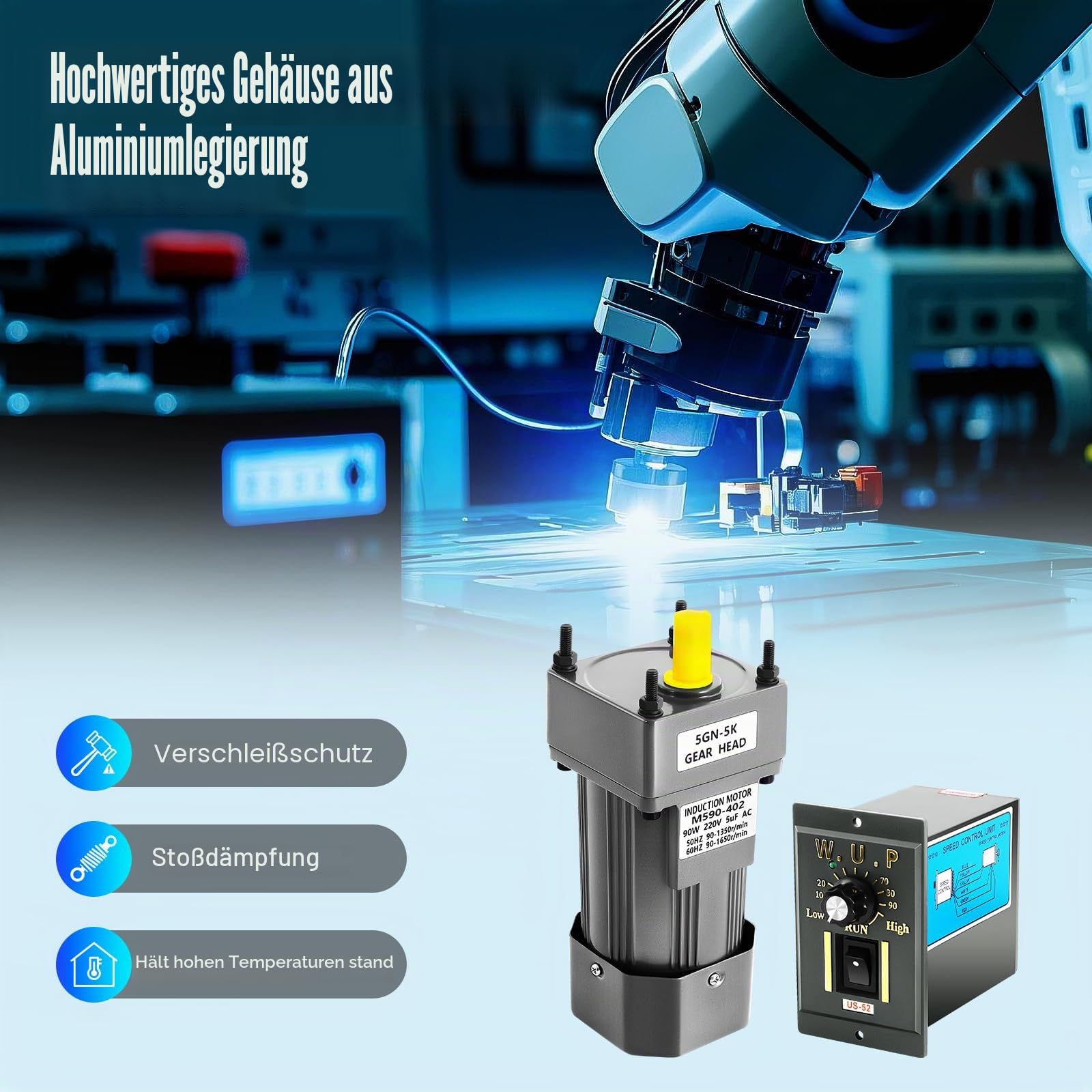 220V 90W AC Getriebemotor, Wechselstrom Elektromotor, Einphasig Getriebemotor, Mit Drehzahlregler 0-270RPM, Gear Motor, für Verpackungs, Druck- und Baumaschinen
