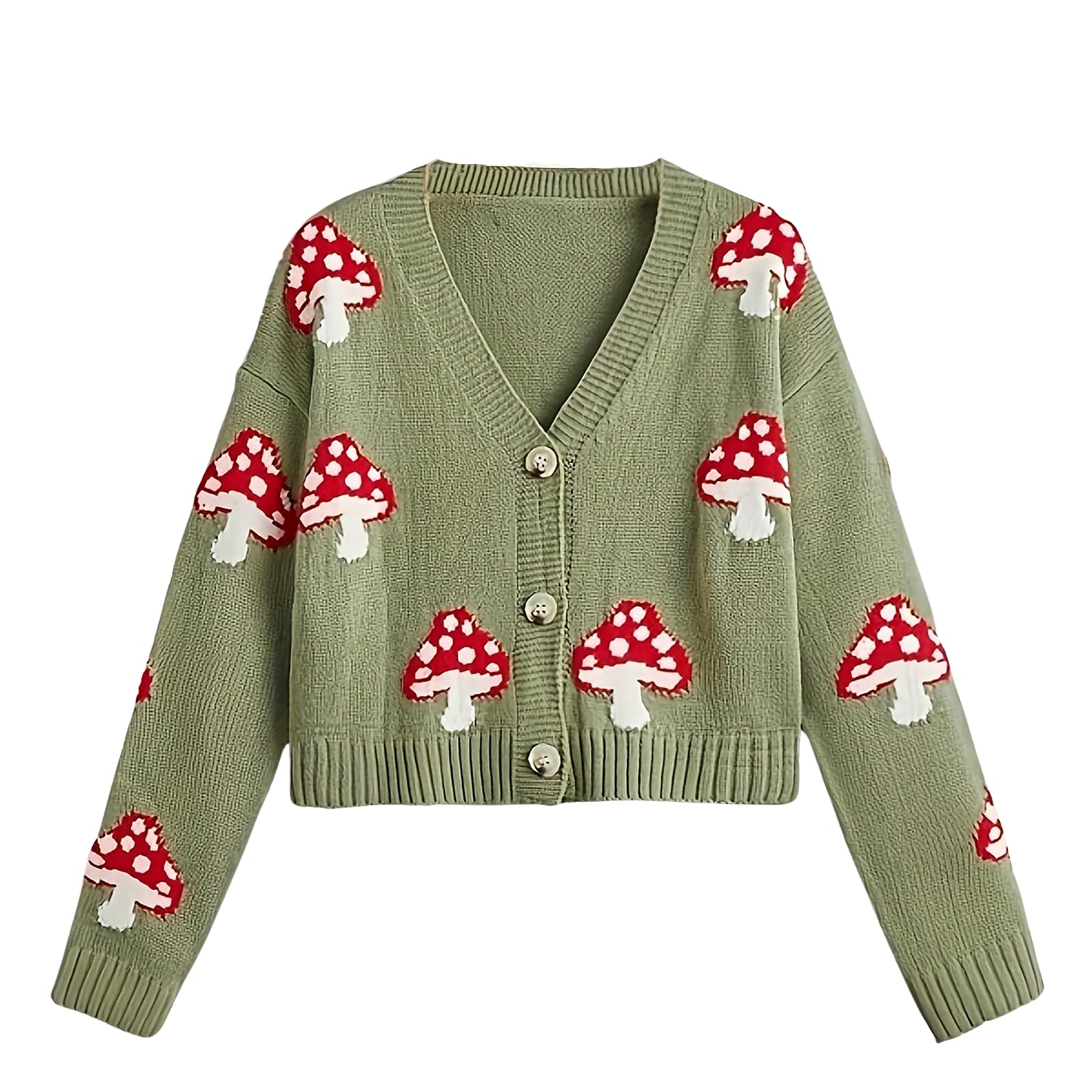 CORIRESHA Womens Cute Mushroom Cardigan Sweater Button Long Sleeve V Neck Knit Crop Outwear