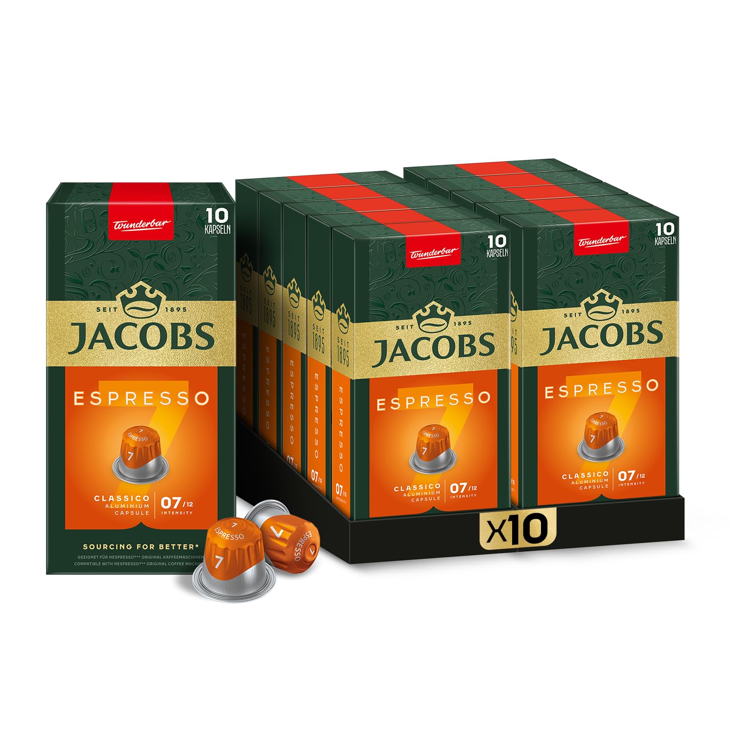 JACOBS - Espresso 7 Classico - Orta Yoğunluk - Dengeli ve Meyvemsi - Espresso Kapsülleri - 10 alüminyum kapsül x 10 Adet