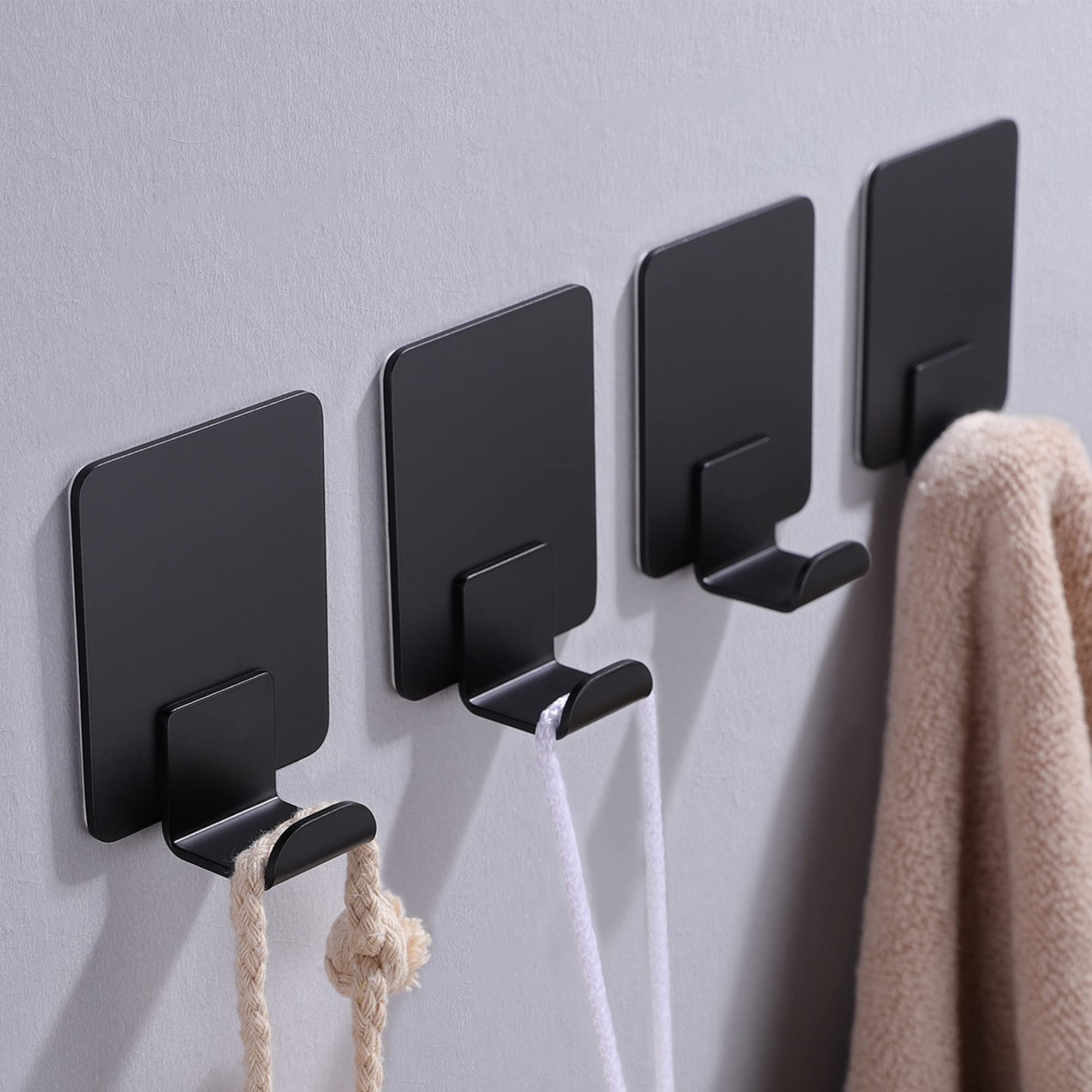 Taozun Adhesive Hook/Sticky Hooks - 4 Packs Self Adhesive Hooks Heavy Duty Wall Hook Stick on Any Corner of The Home, SUS304 Stainless Steel, Black