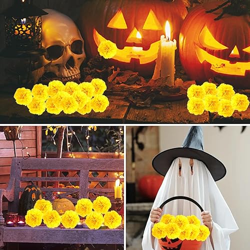 Miniatura 7 de DIYASY Flores de caléndula a granel, 50 piezas de caléndulas de seda artificial con tallos, cabezas de flores amarillas falsas para decoración del