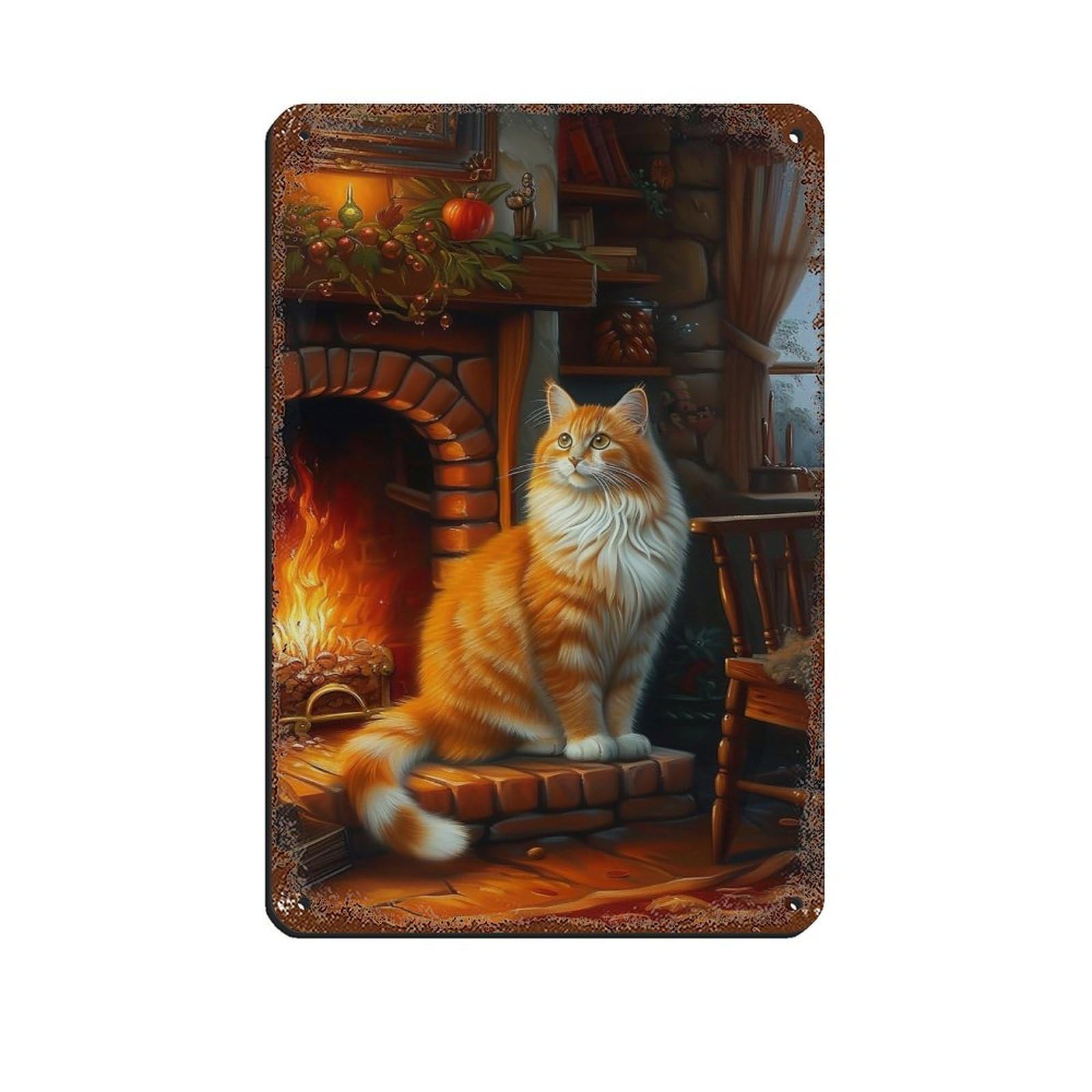Lxwnze 20L X 30W Cm Cottage Cat On Fireplace Oil Painting Poster Tin Sign Vintage Metal Pub Club Cafe Bar Home Wall Art Decoration Poster Retro 8X12inch(20X30cm)