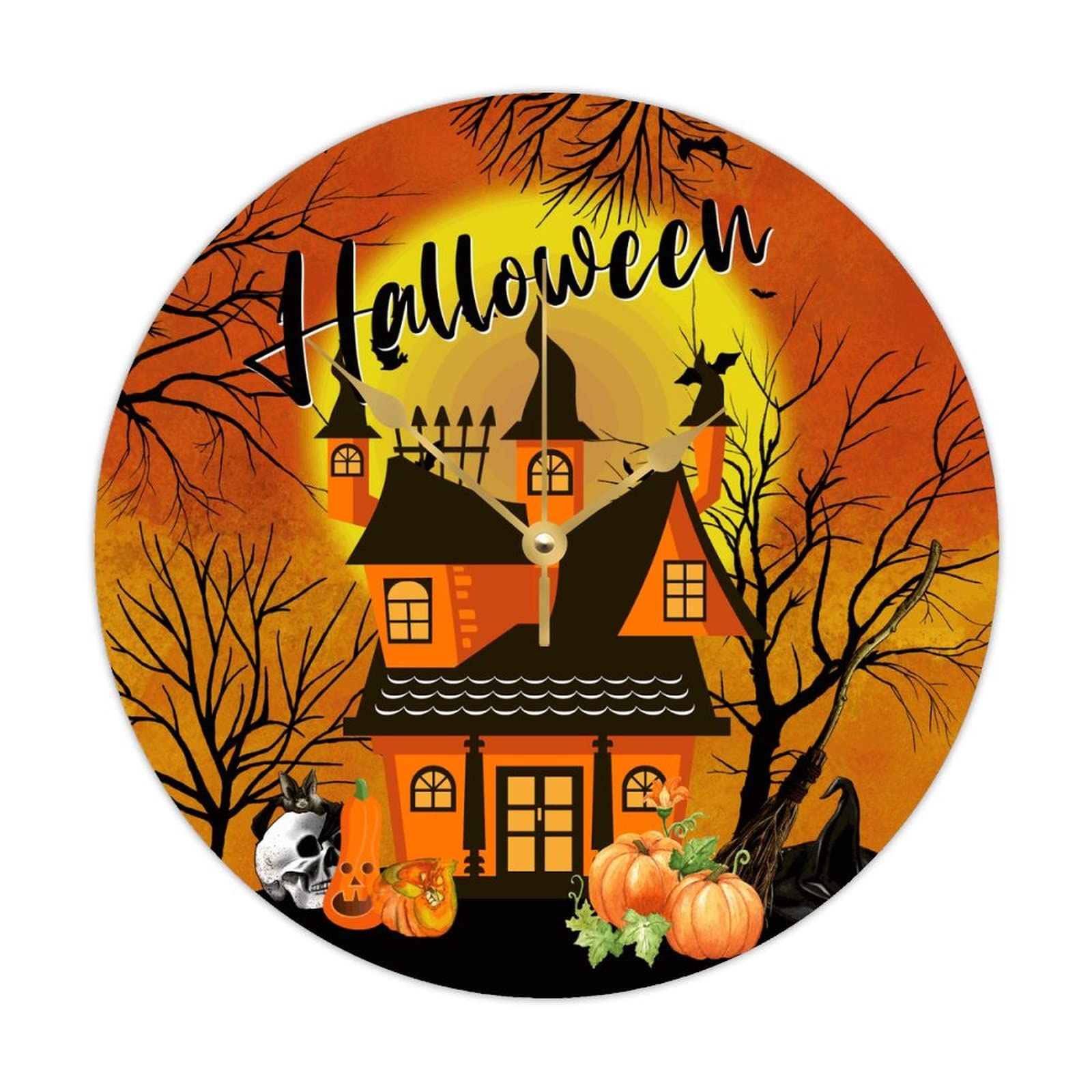Horloge murale ronde en bois de 38cm au motif château de citrouille d'automne