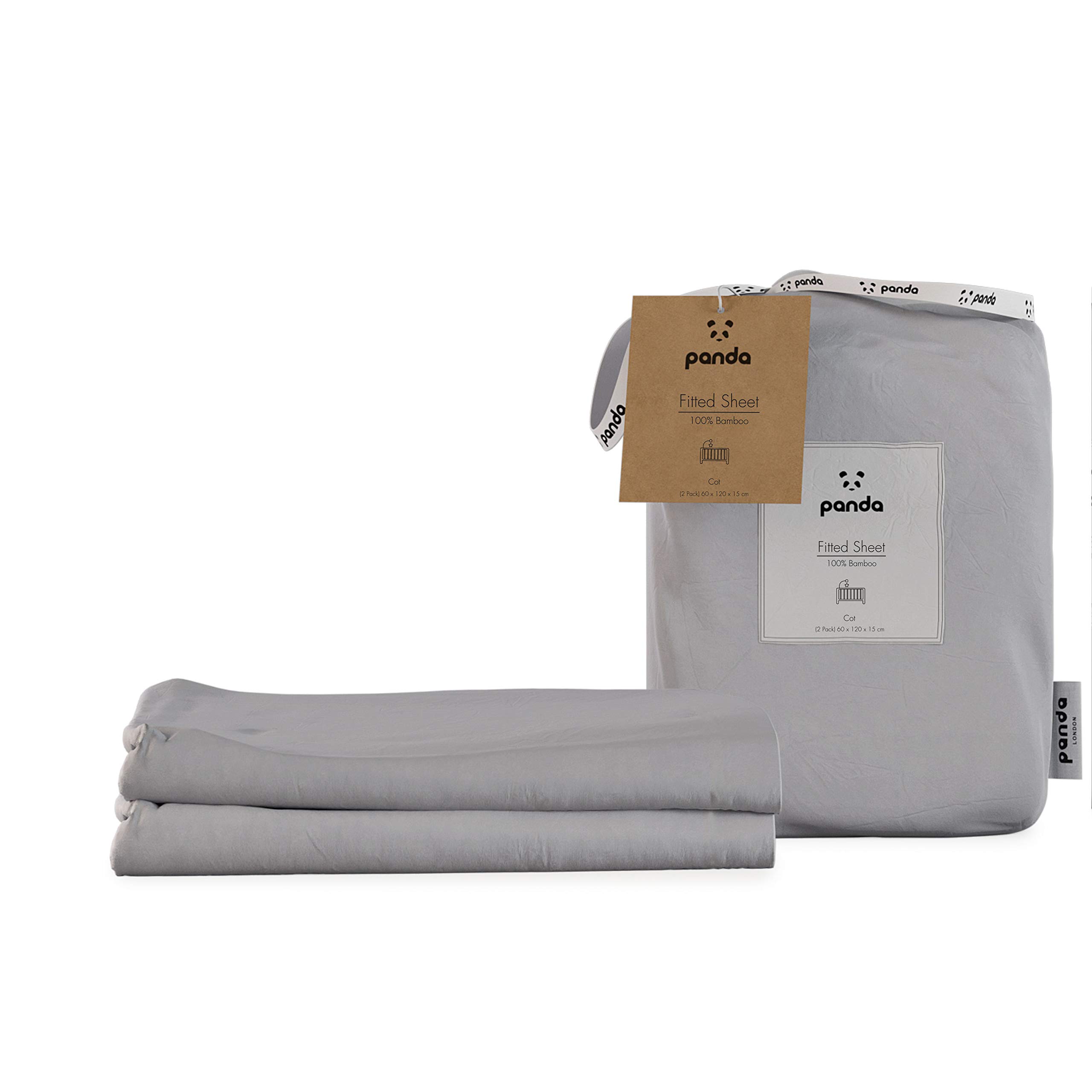 Panda Quiet Grey Kids 100% Bamboo Fitted Sheets (Pack Of 2) (, Cot: 120 X 60 X 15Cm)