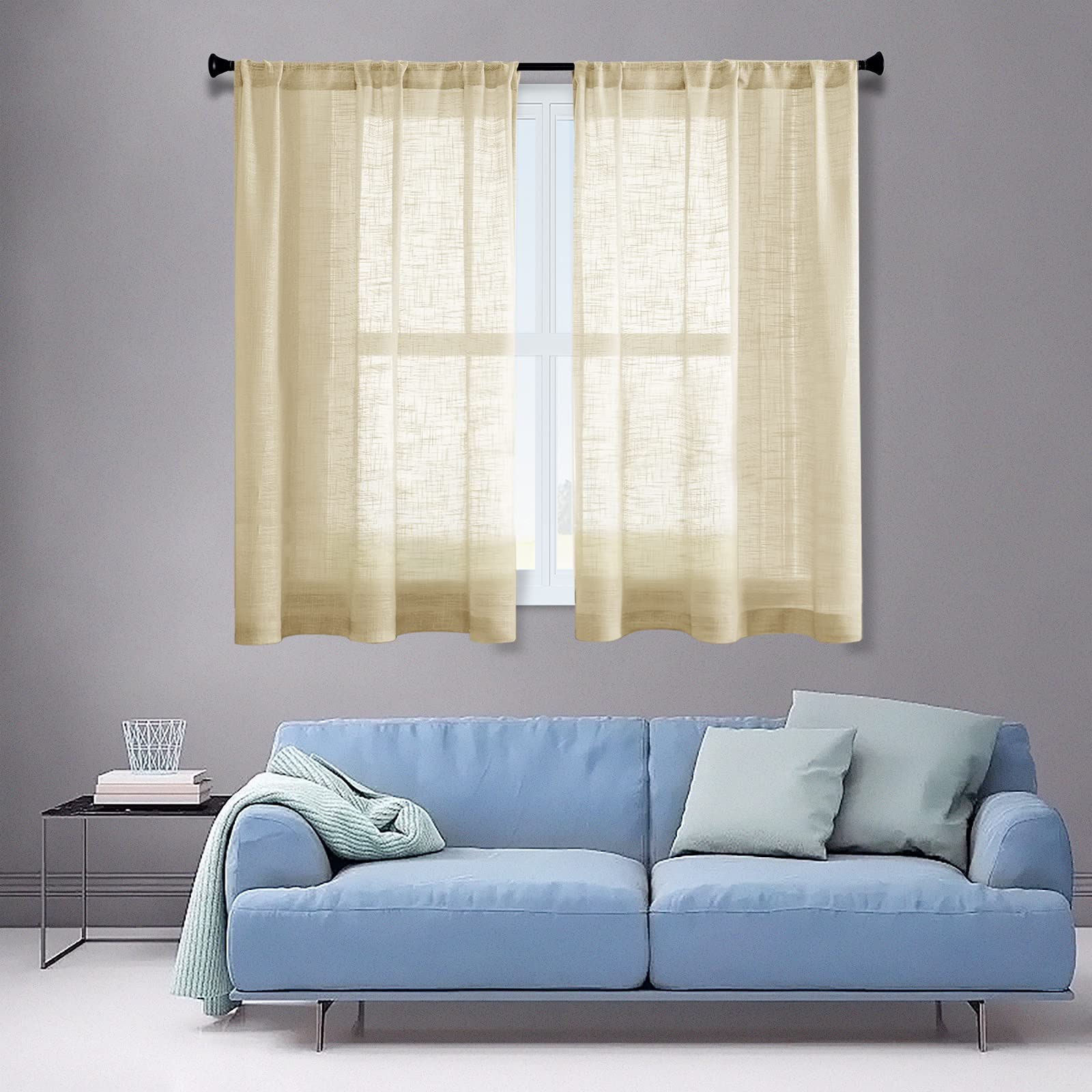 CUTEWIND Beige Linen Blend Textured Sheer Kitchen Tier Curtains 45 Inches L : CUTEWIND Cream Linen Cafe Curtains 24 inch Length 2