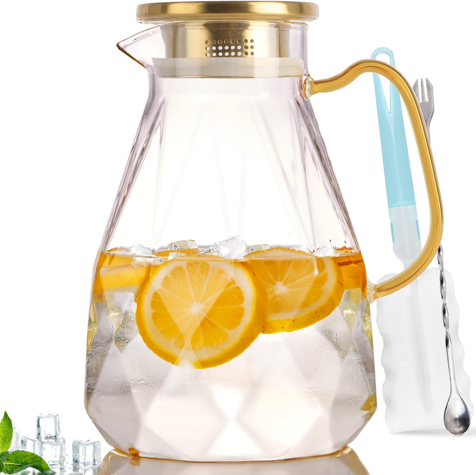 Glass Pitcher, 2.2 Liter Water Pitcher With Lid,Iced Tea Pitcher for Fridge,Carafe With Lid, Glass Water Jug For Juice, Milk, Cold Or Hot Beverages, 2 Quart