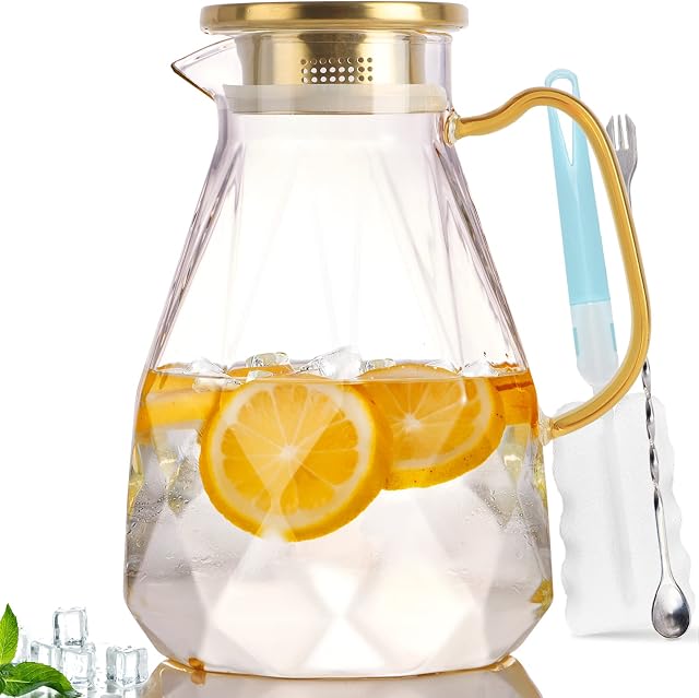 Glass Water Jug, Glass Pitcher with Lid 74OZ/2.2L Water Pitcher with Lid Handle, Juice Pitcher Jug, Carafe