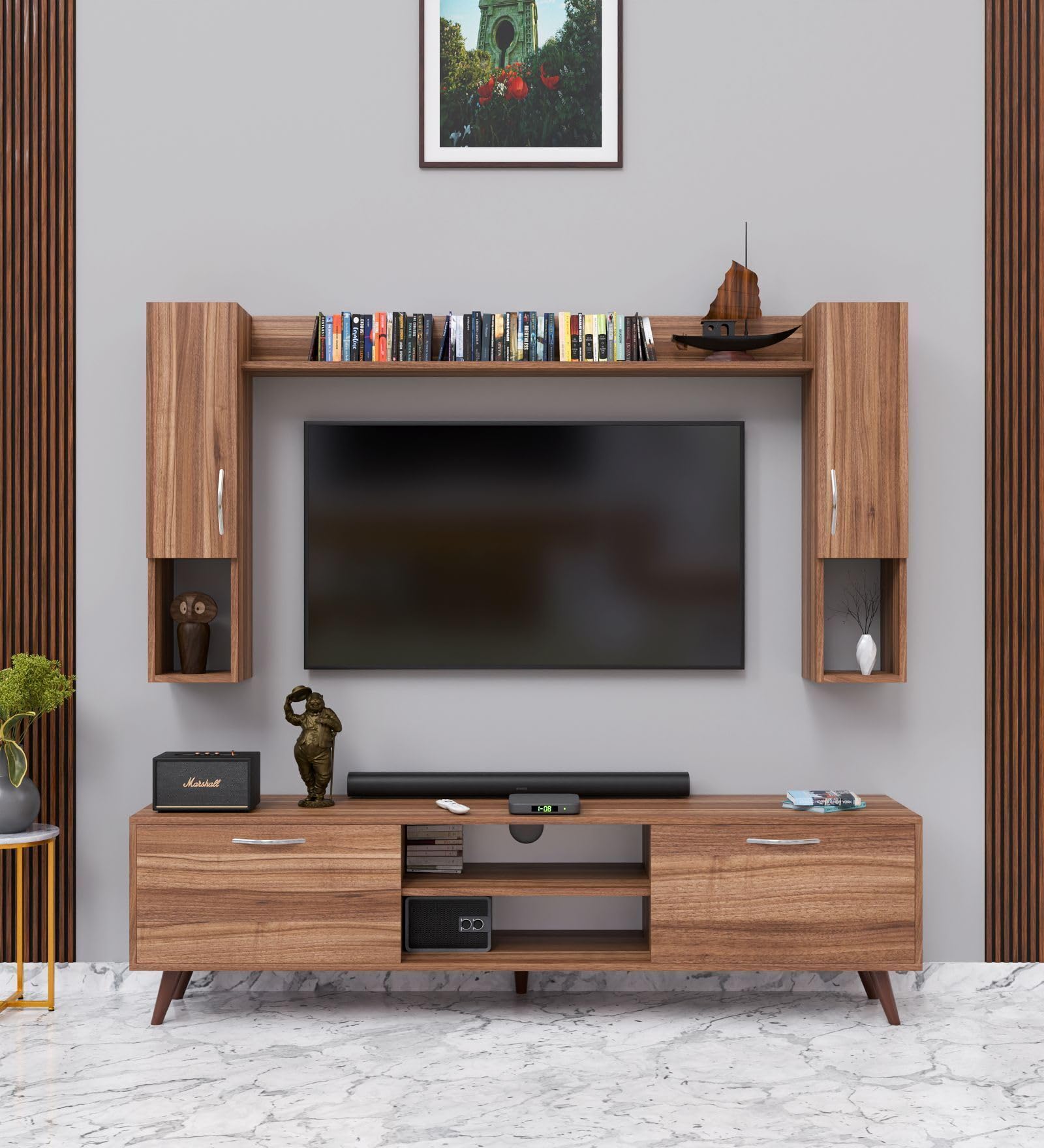 Spyder Craft Matte Finish TV Entertainment Unit, Tv Stand with Wall Shelf Book Storage | Decore Living Room Engineered Wood TV Entertainment Books Storage & Decor Display Unit (Color Wood Brown)
