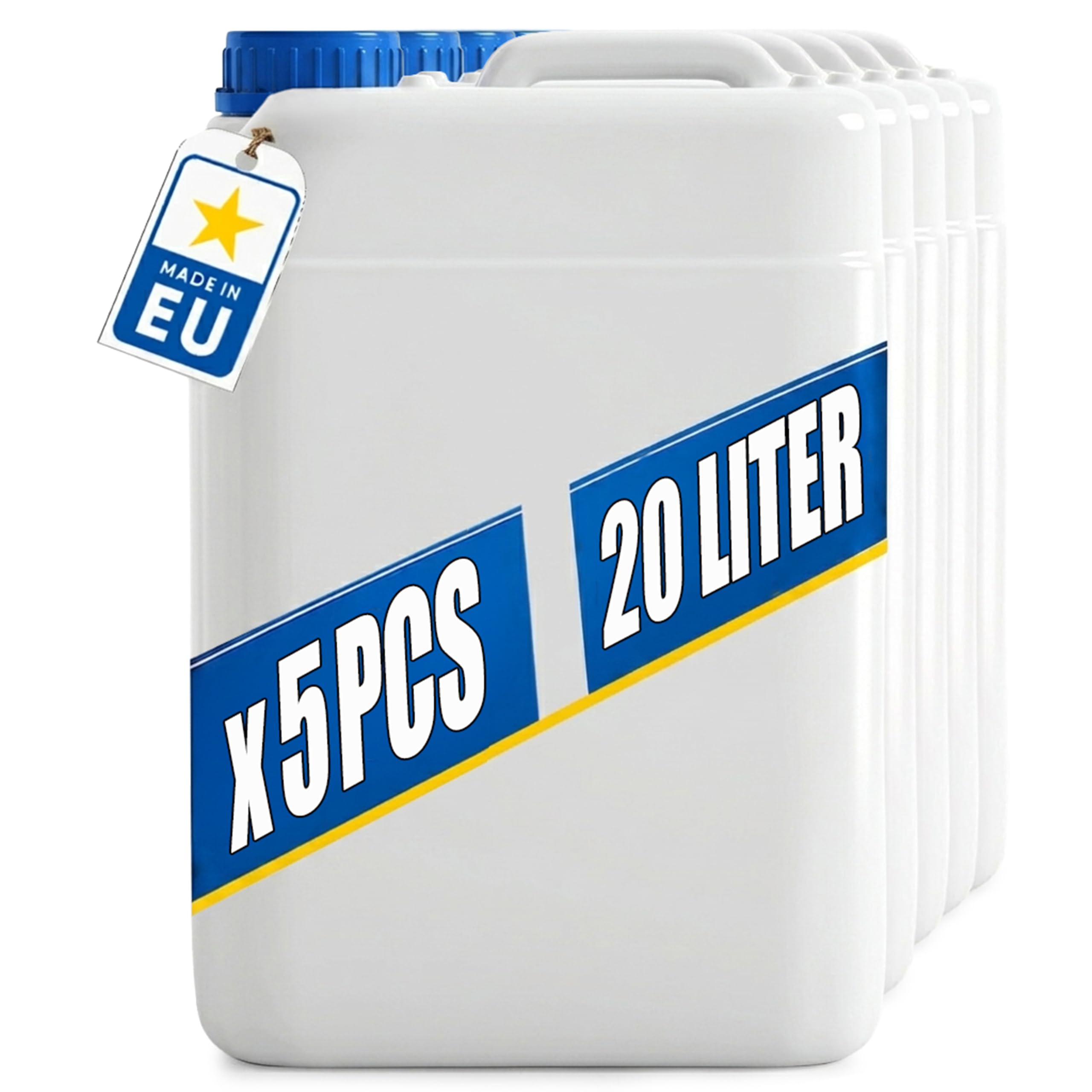 POSH Bidón de 5 x 20 l con tapón de rosca, recipiente transparente de polietileno de alta densidad para líquidos agua y aceite, hermético y apilable, bidón grande de plástico para el hogar, jardín y