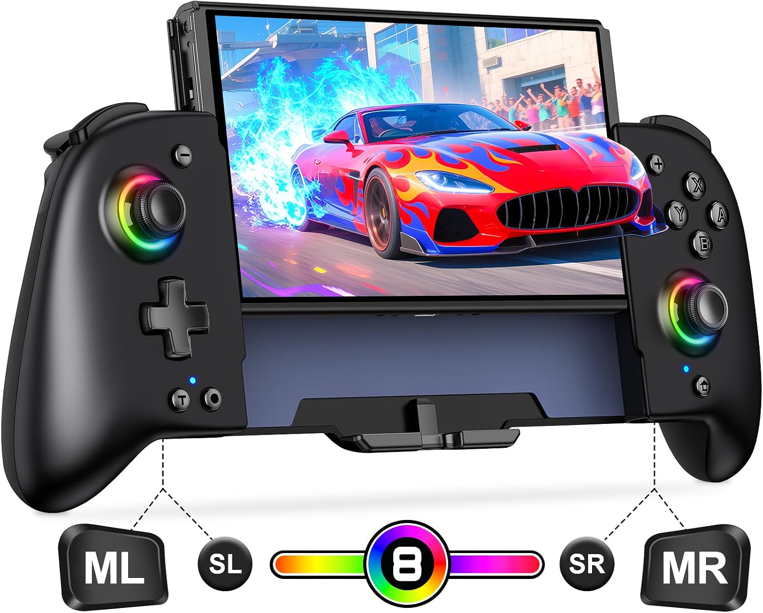 Gammeefy Switch Controller – Hall Effect Joysticks & Enhanced Grip – One Piece Switch Joypad Replacement Switch Pro Controller with 8-Color RGB Lighting, Turbo, Macros - Black, 6.2"/7"