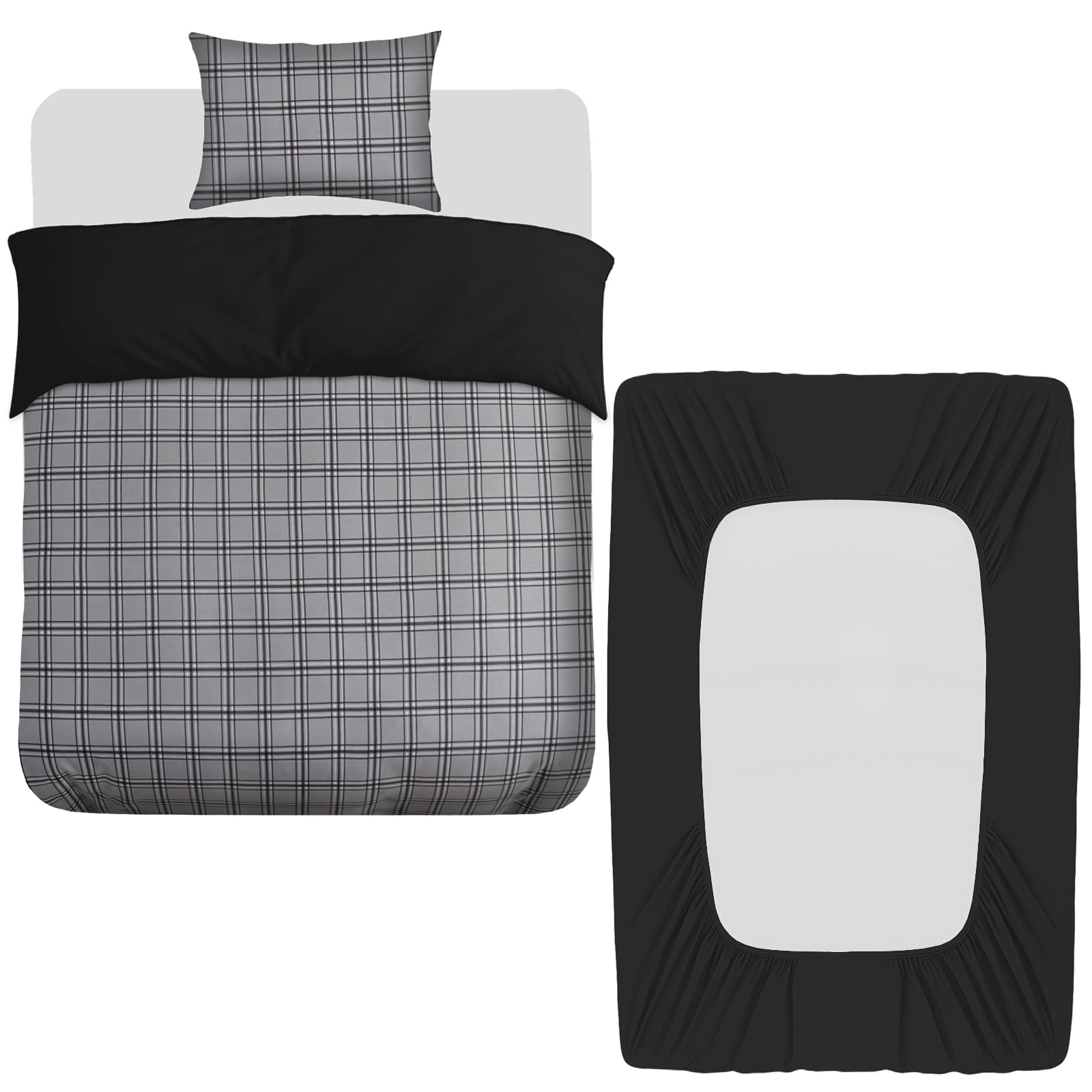 Grace Grey & Black 3 Pcs Single Duvet Cover Set With Matching Black Single Fitted Sheet 40 Cm Extra Deep Pocket - Ultrasoft Breathable Premium Microfibre Reversible Quilt Cover Bedding Set For All Seasons