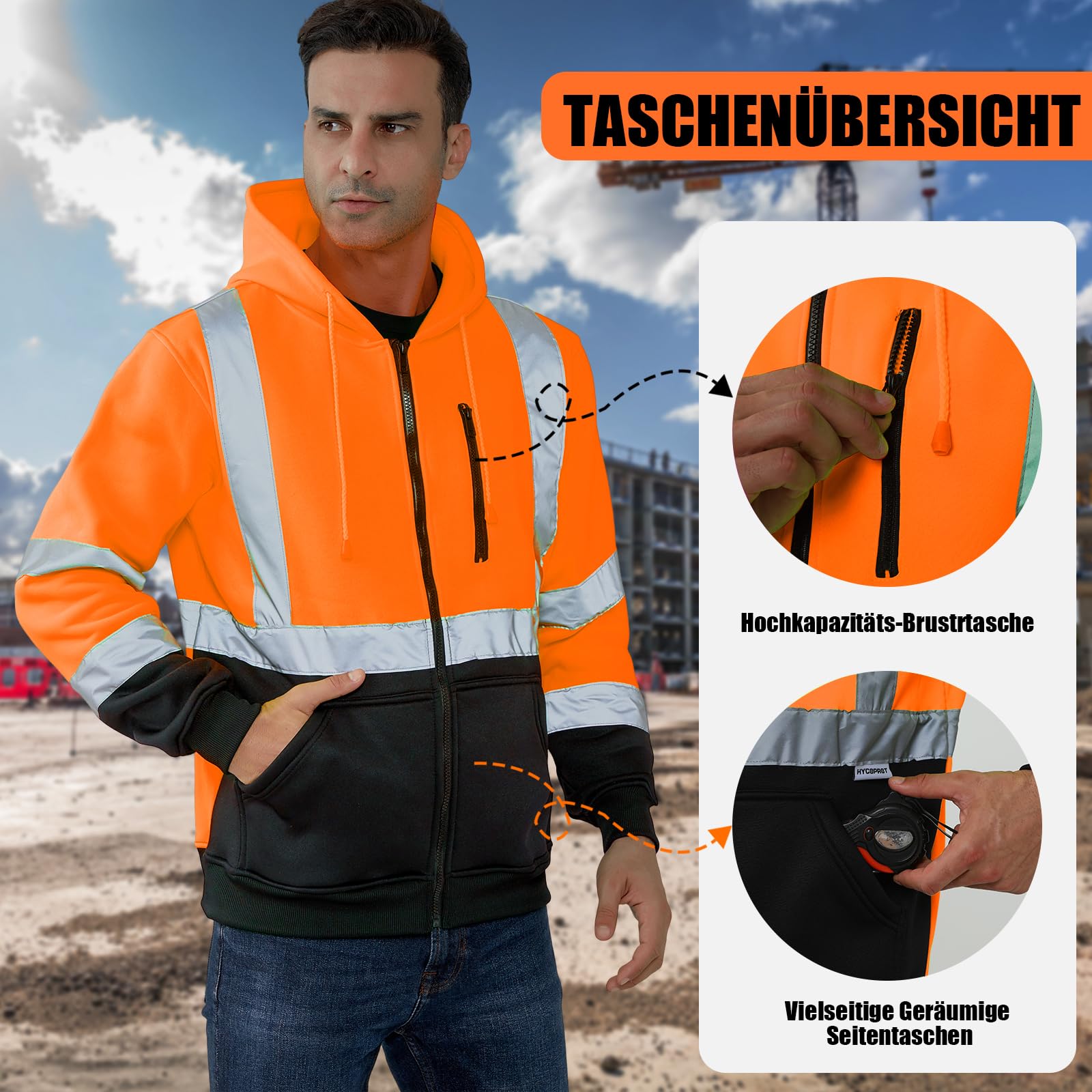 HYCOPROT Hochsichtbarer Sicherheits Hoodie Hi Vis Sweatshirts Fleece Leichte Reflektierende Arbeitsjacke Taschen Sicherheitsmantel mit Reißverschluss mit Kordelzug für Männer und Frauen EN ISO 20471