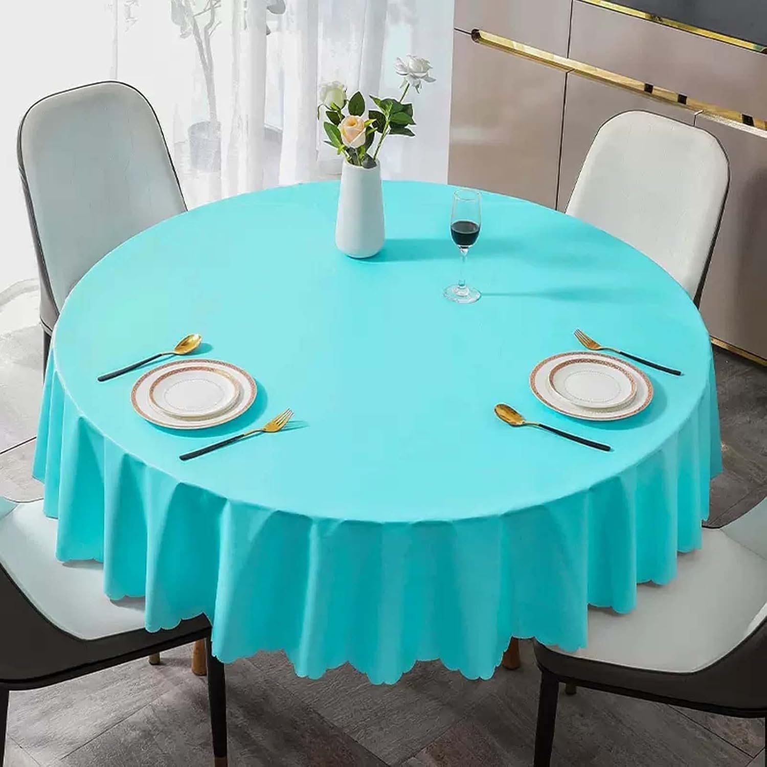 Nappe ronde 220cm en polyester bleu résistant à l'eau pour table de jardin et salon
