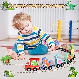 Zeoddler Toys for Toddlers, 11 Magnetic Wooden Dinosaur Train Set, Montessori Toys for Toddlers, Preschool Educational Material for Kids, Birthday Gifts for Boys, Girls