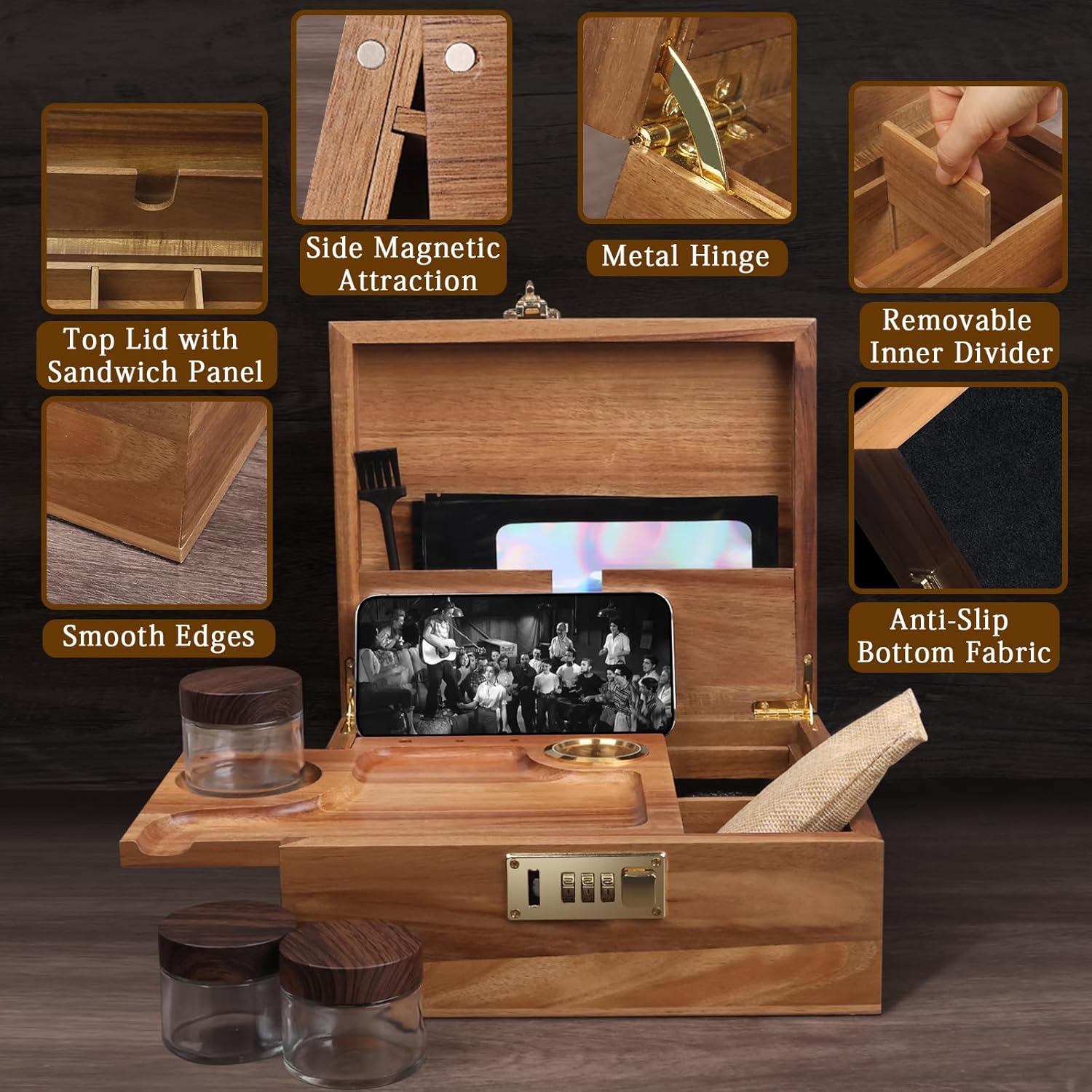 Lockable Acacia Wood Stash Box with Rolling Tray & Hygrometer – Smell Proof Storage with 3 Glass Jars & Combination Lock, Ideal Gift for Him/Dad/Husband