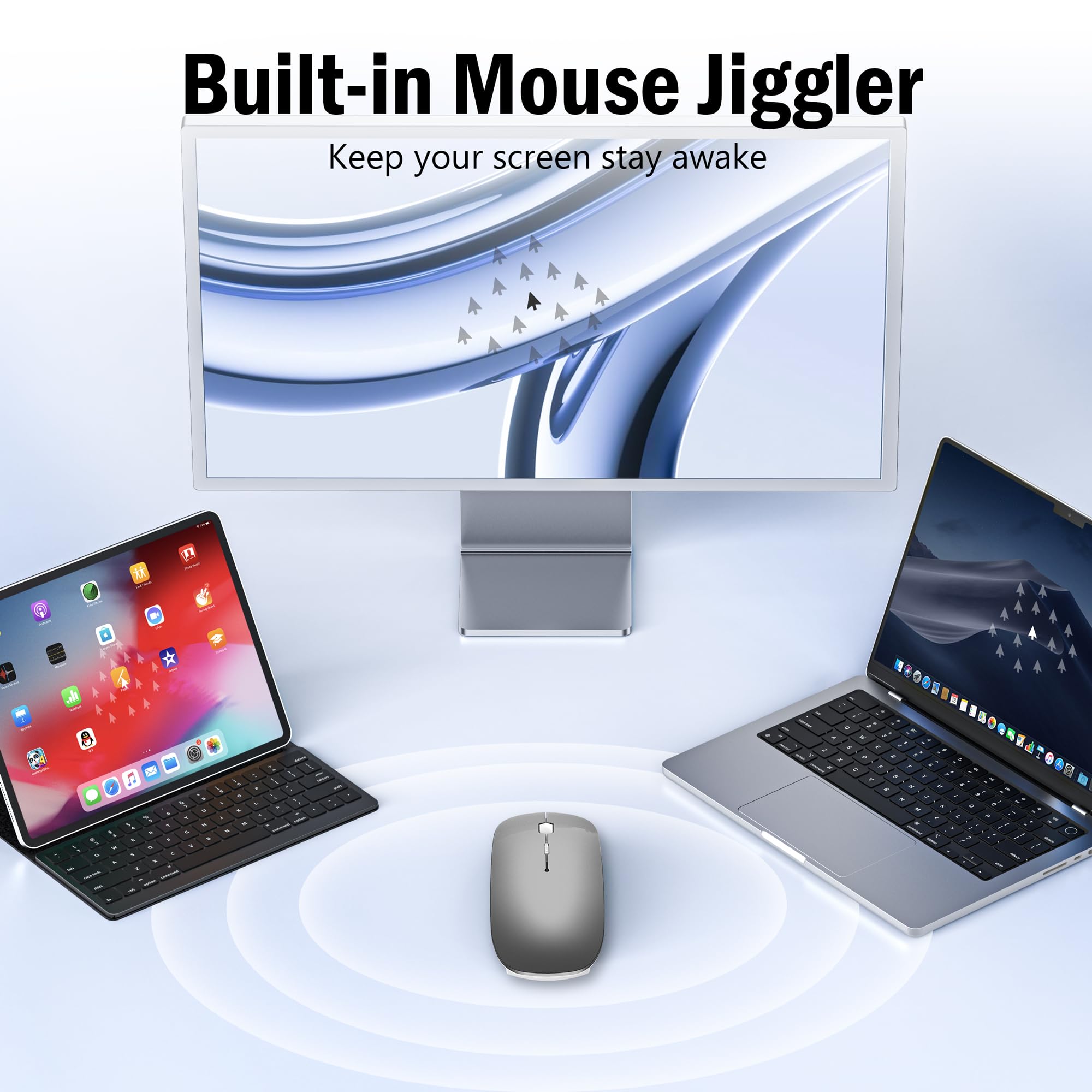 FYBC Wireless Bluetooth Mouse for MacBook Air Mac Pro iPad Laptop PC, Rechargeable Slim Computer Mice Built-in Jiggler Mouse Mover, Tri-Mode Bluetooth 5.2/3.0 & 2.4G USB-A/Type-C Receiver - Grey