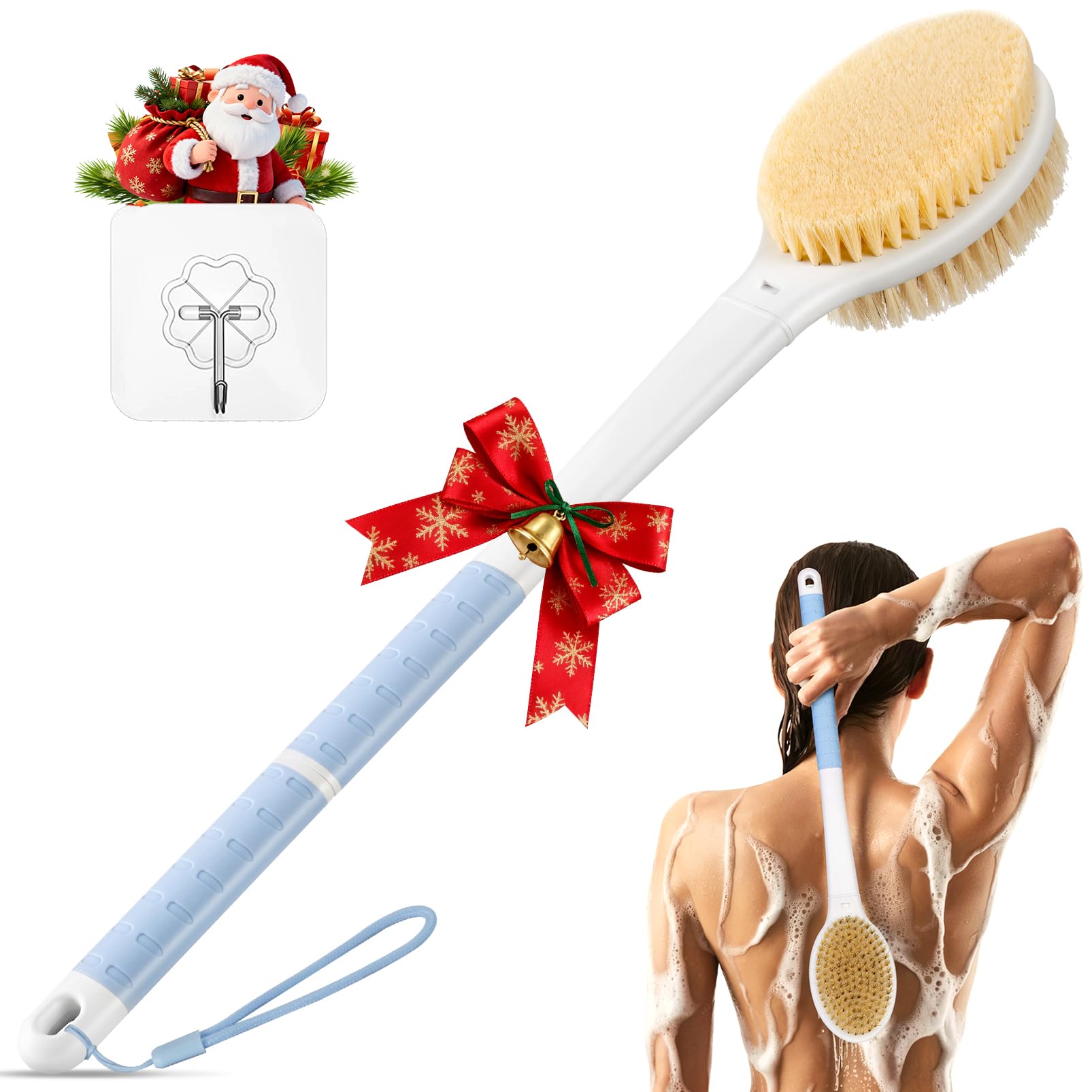 Back Scrubber Body Shower Brush: Anti Slip Long Handle Bath Brush with Stiff and Soft Bristles - Showering Exfoliator Wet or Dry Brushing for Women, Men, Elderly (Blue)