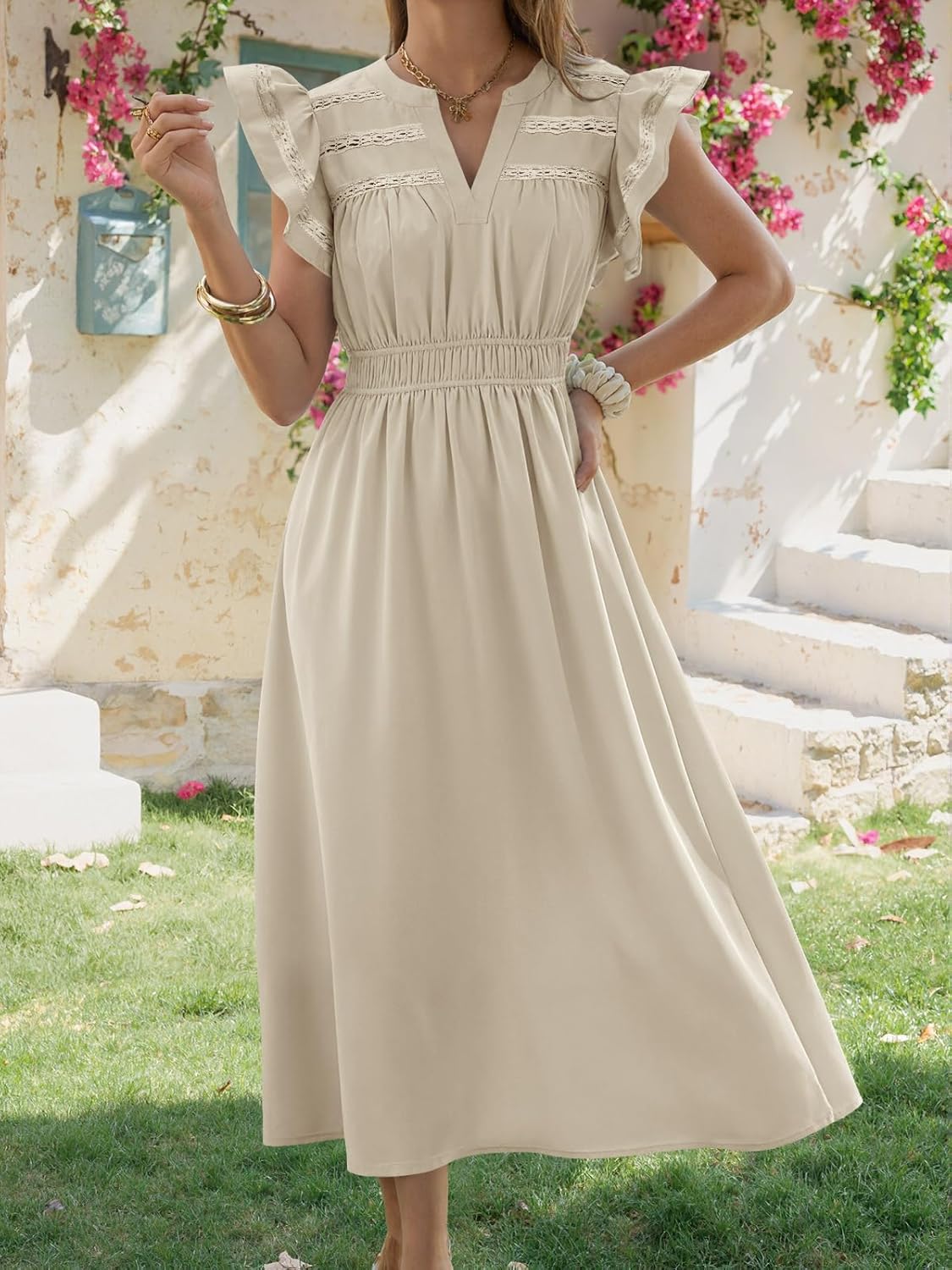 Wenrine Womens Summer Casual Midi Dress V Neck Short Sleeve Lace Elastic Waist Boho Beach Vacation Dresses with Pockets - Image 5