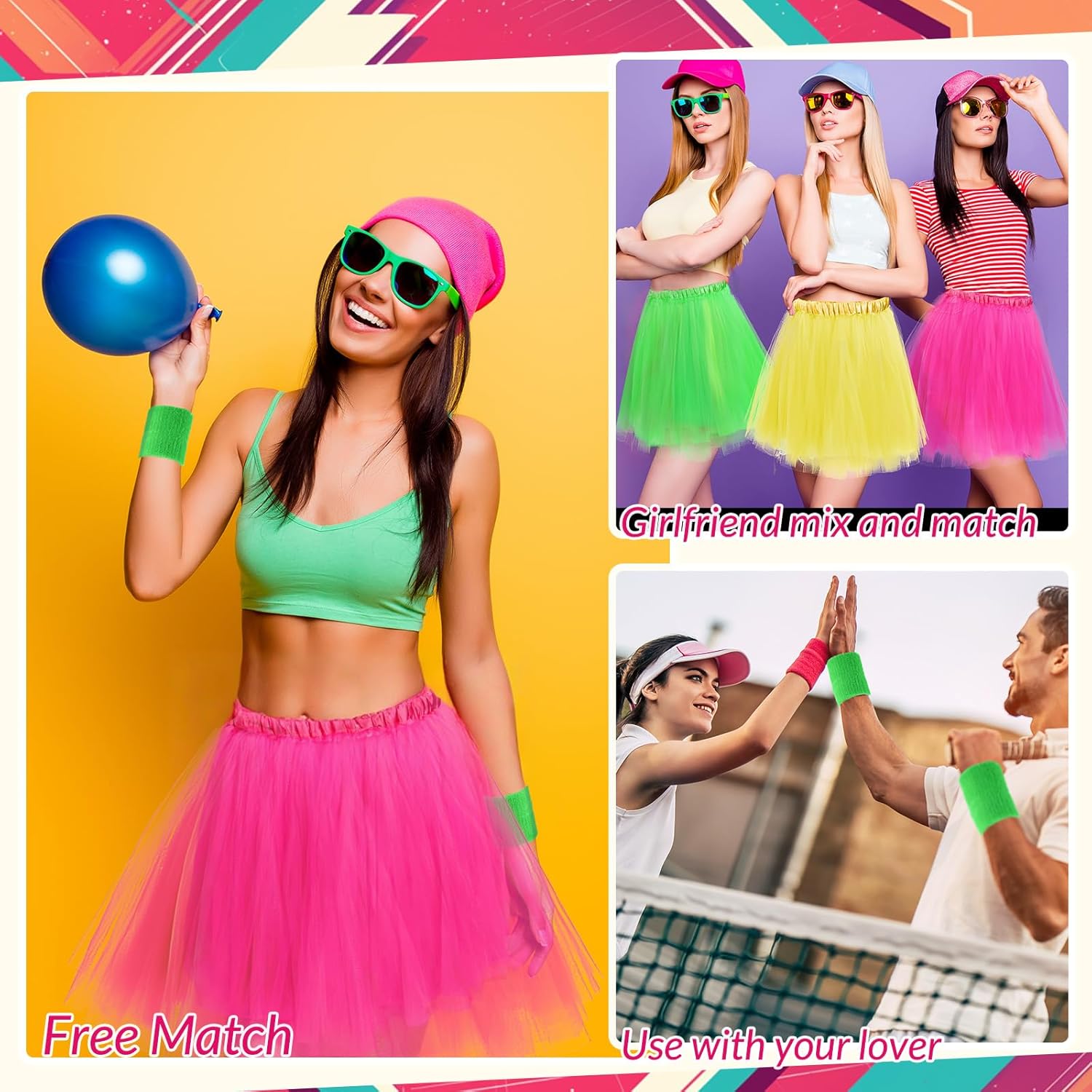 3pcs Tutu Skirts Set for Women Costume Neon Tutu Bottoms with Sweatbands Striped Tube Socks for 80s Costumes