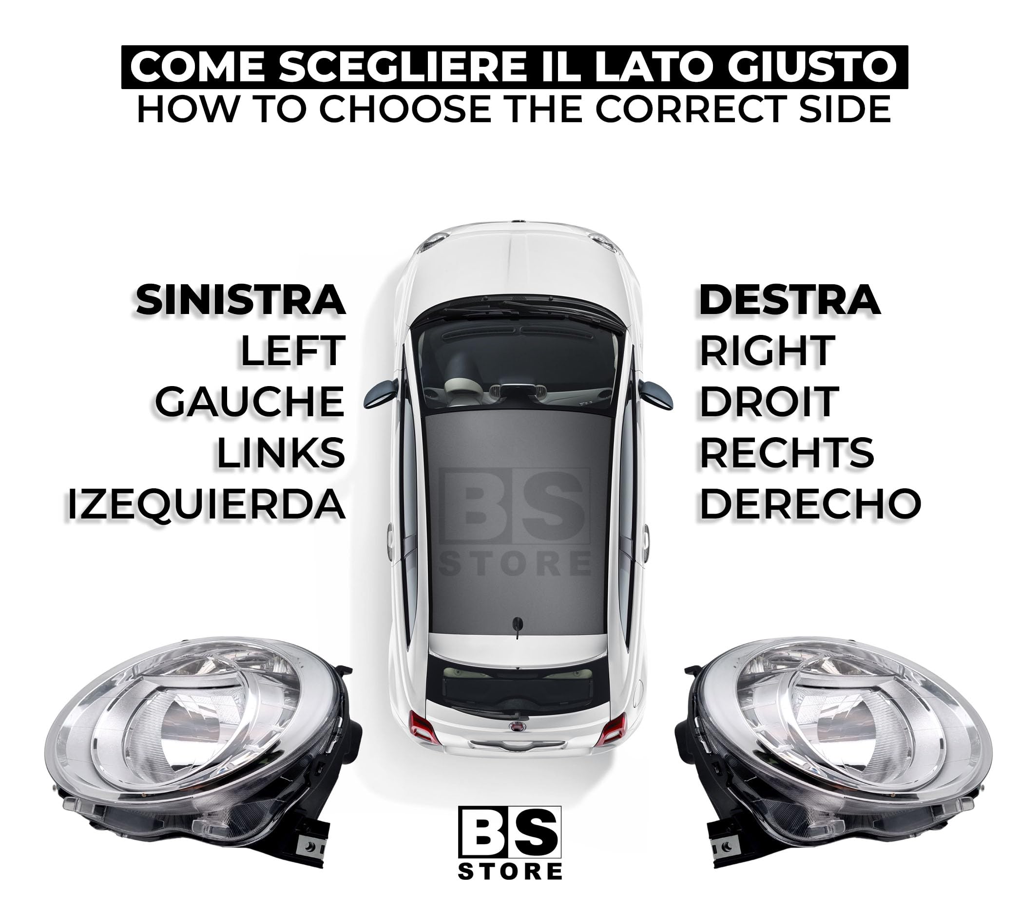 BSSTORE Faro Proiettore H7 Anteriore per 500 (312) 2007-2015 (Sinistra - Lato Conducente)