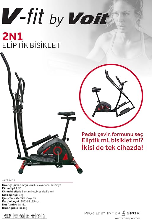 Voit V-Fit 2’si 1 Arada Manyetik Eliptik & Kondisyon Bisikleti – 8 Kademeli Direnç, LCD Ekranlı, Nabız Ölçerli, Sessiz ve Kompakt Ev Tipi Kardiyo Aleti