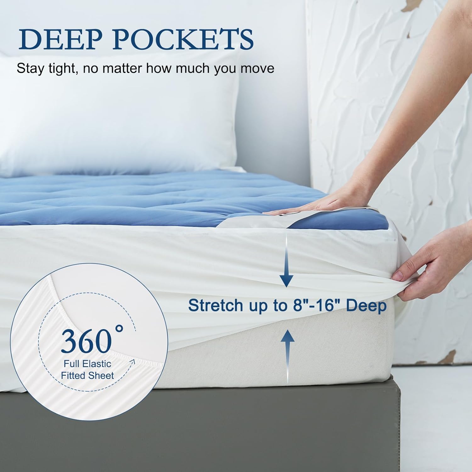 YOUR MOON Queen Size Cooling Mattress Pad, Cool Mattress Topper for Hot Sleepers, Soft Breathable Noiseless Pillow Top Cover, Quilted Fitted Bed Pad for 8''-16'' Deep Pocket, 500GSM (Sea Blue)