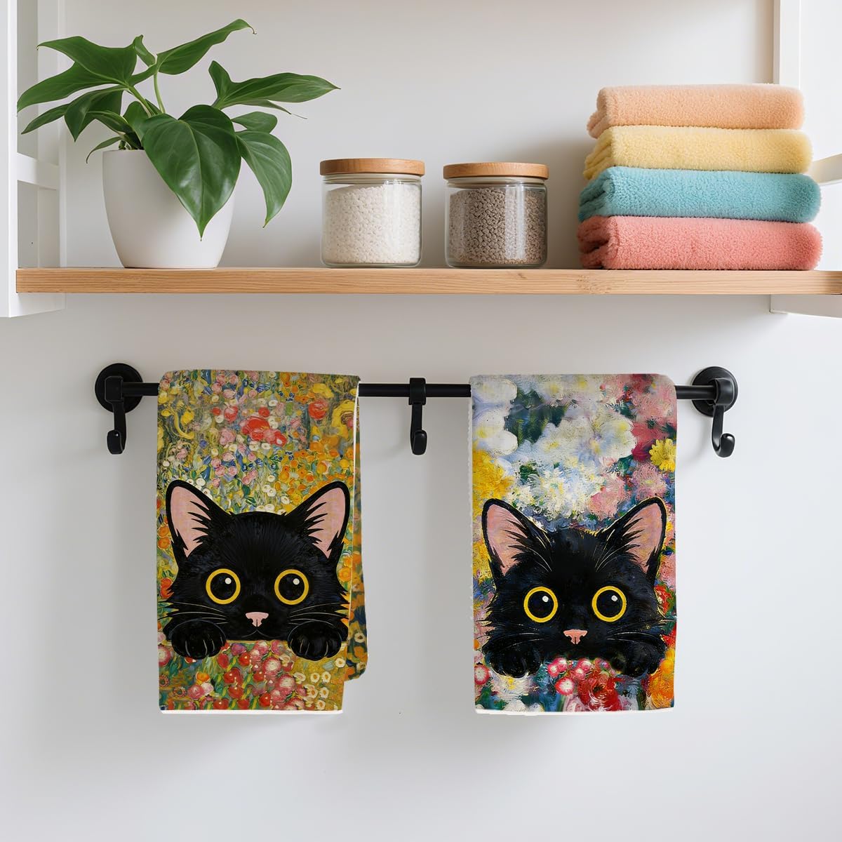2 Pcs Flower Cat Kitchen Towels, Floral Cute Cat Hand Towels 24x14 Inch