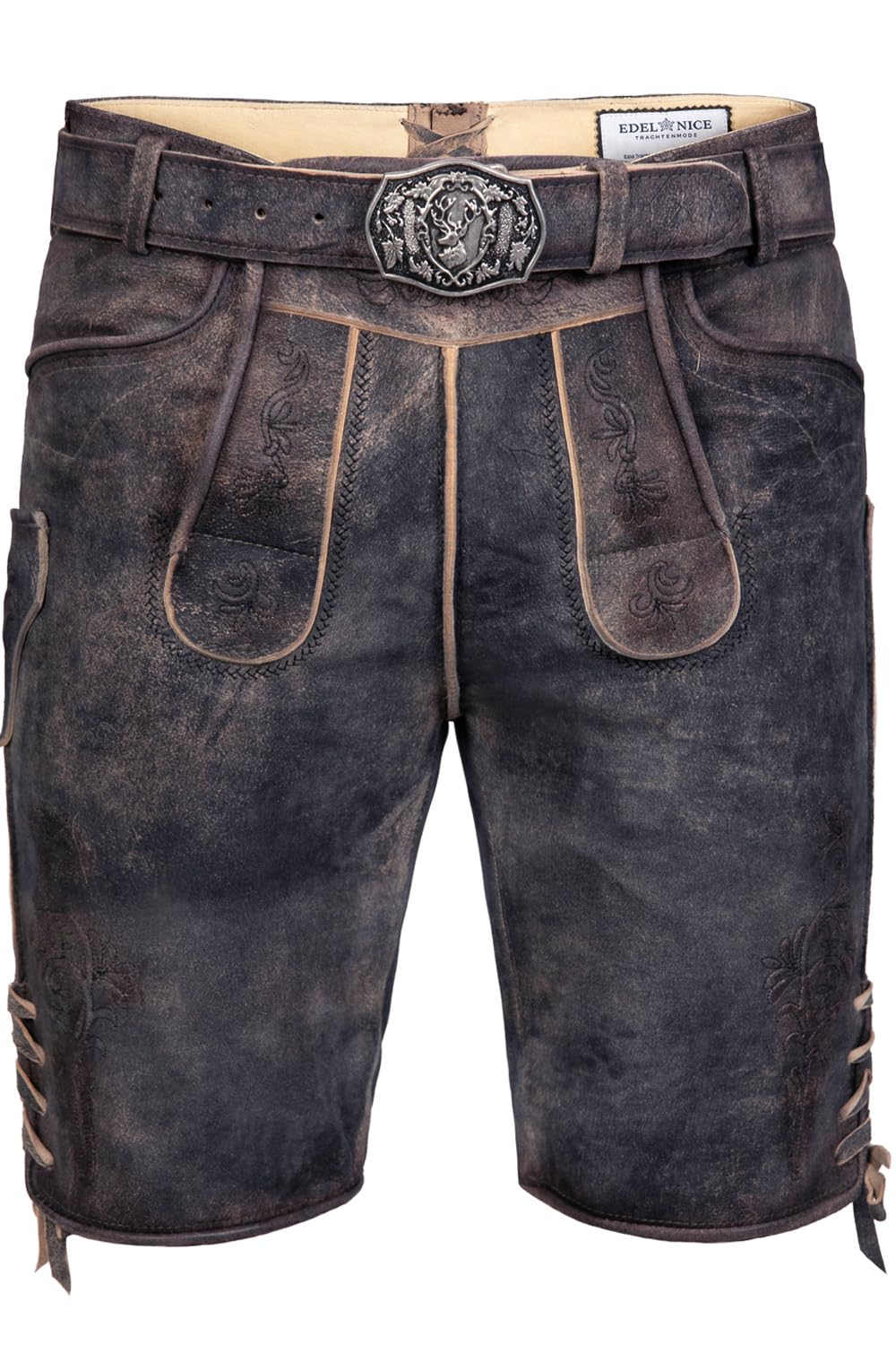 Edelnice Trachtenmode Kurze Wildbocklederhose Tom in tiefem Dunkelgrau mit edler Stickerei