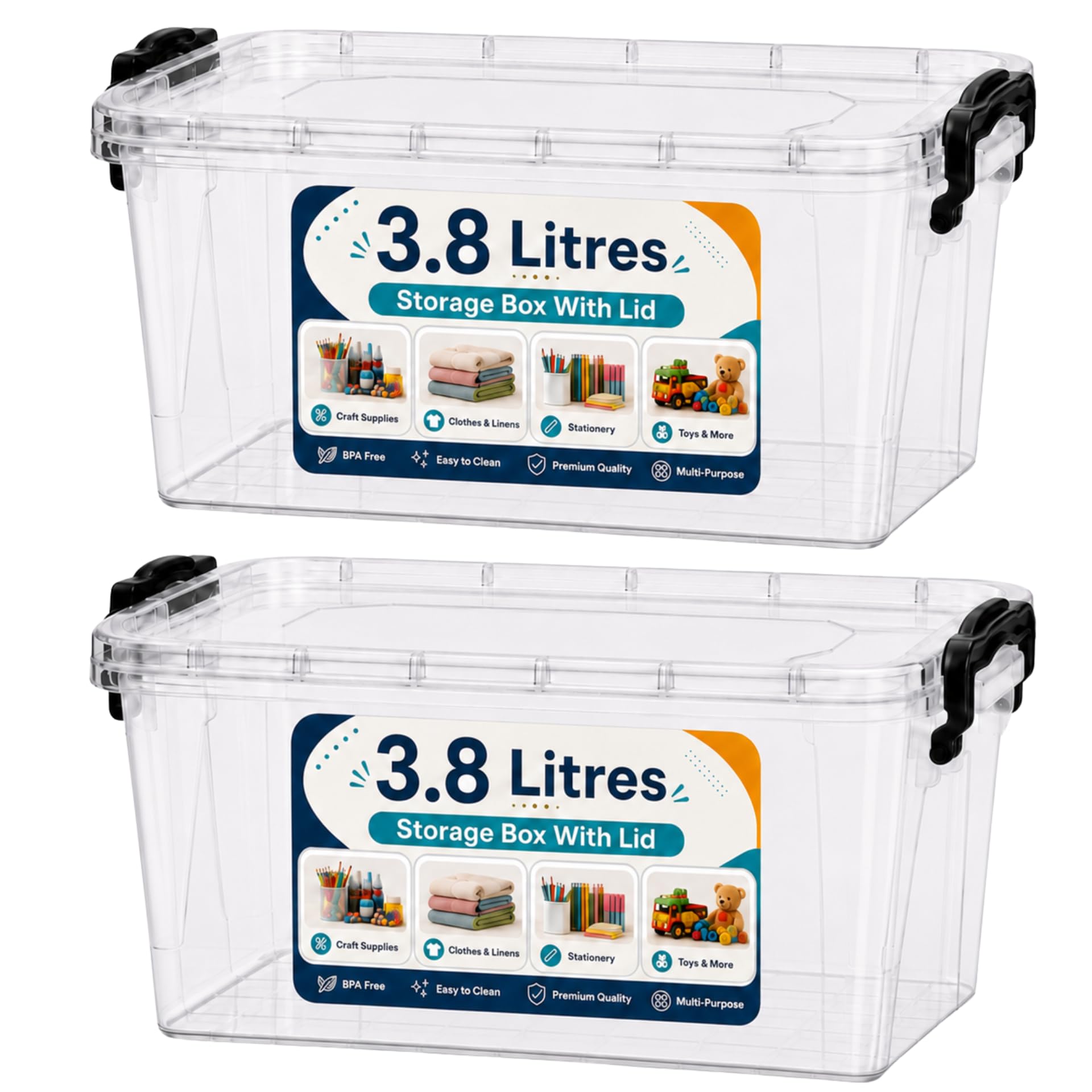 Pack of 2 Plastic containers set with Lids - 3.8 Litre Reusable Storage box & Prep Meal Organizer Fridge, Freezer, Dishwasher & Microwave Safe Kitchen Organizer Boxes (3.8 Litre)