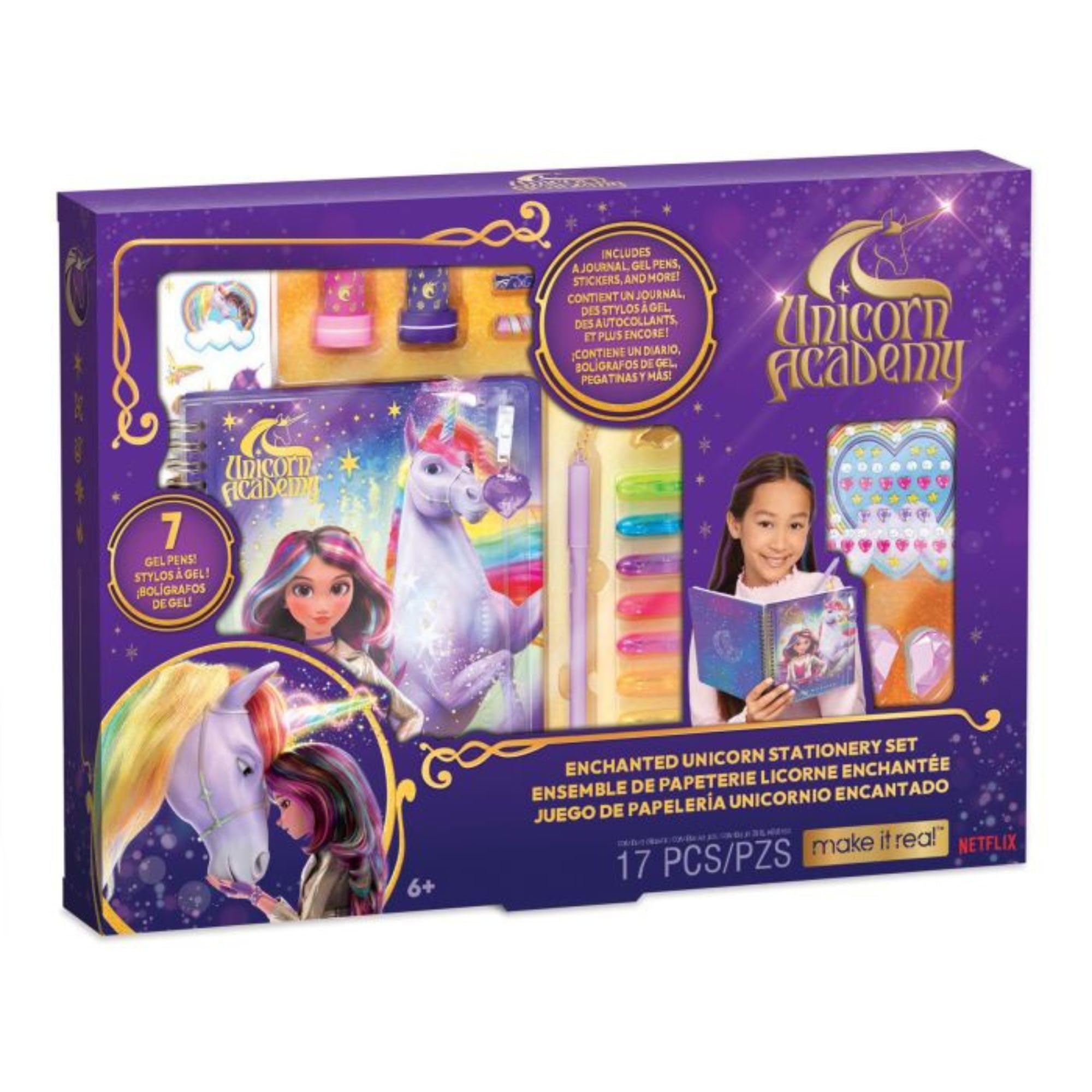 Make It Real: Unicorn Academy: Enchanted Unicorn Stationery Set - 17pc Journal Kit, Gel Pens-Stickers-Erasers-Gems, Diary, Netflix Series, Kids 6+