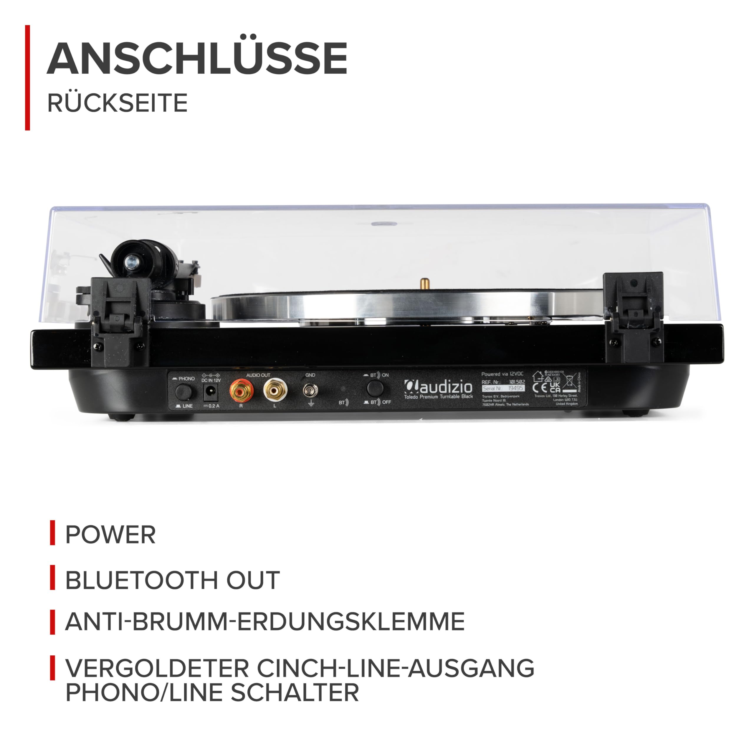 Audizio Toledo Plattenspieler Bluetooth Schallplattenspieler 33/45 RCA | Tonabnehmer, Vorverstärker, Riemenantrieb, Aluminium-Tonarm, Anti-Skating, Vinyl Player, Record Player, Turntable, Gramofon